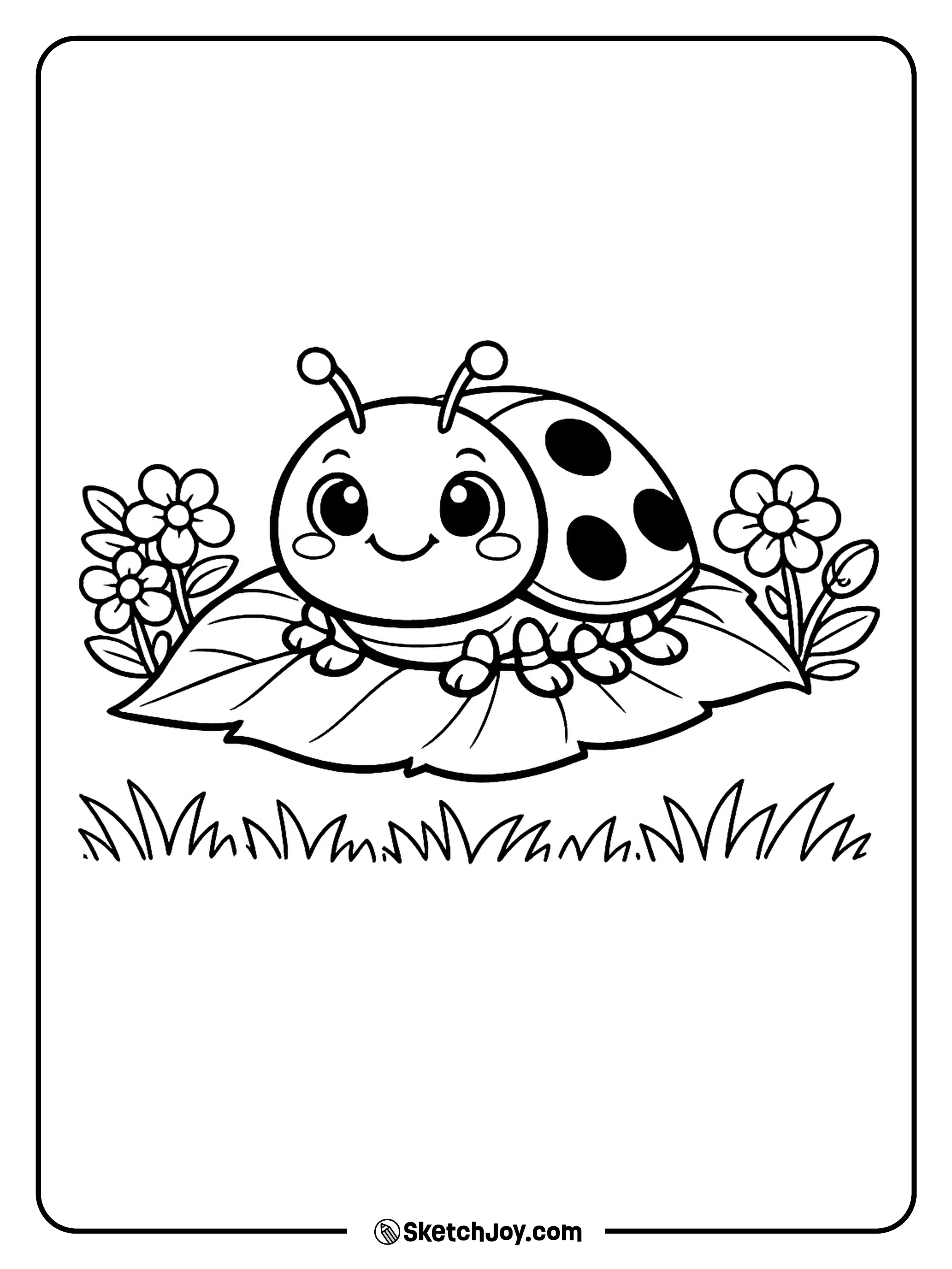 A ladybug rests on a leaf beside spring blooms.