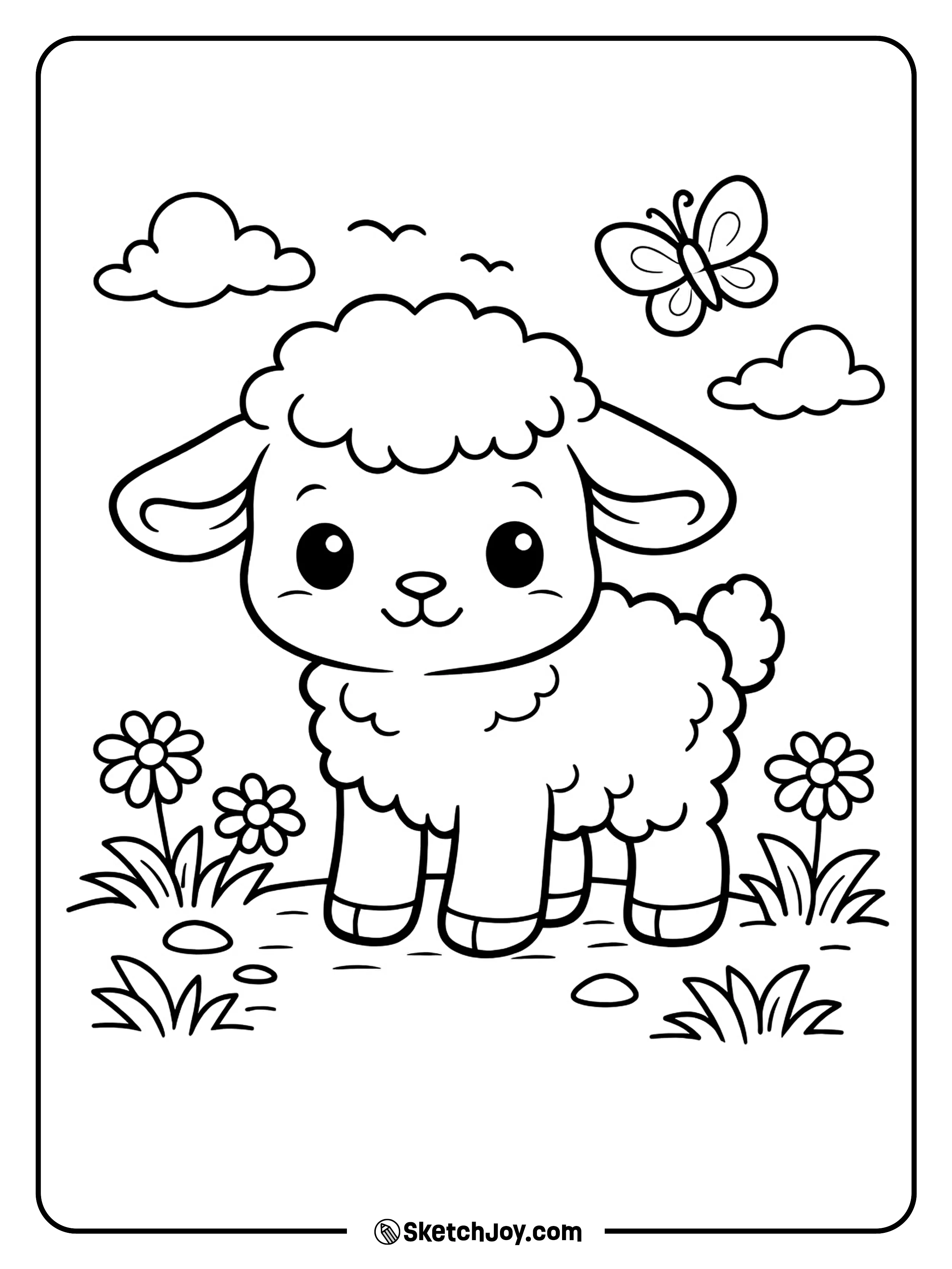 A soft lamb stands among simple spring flowers.