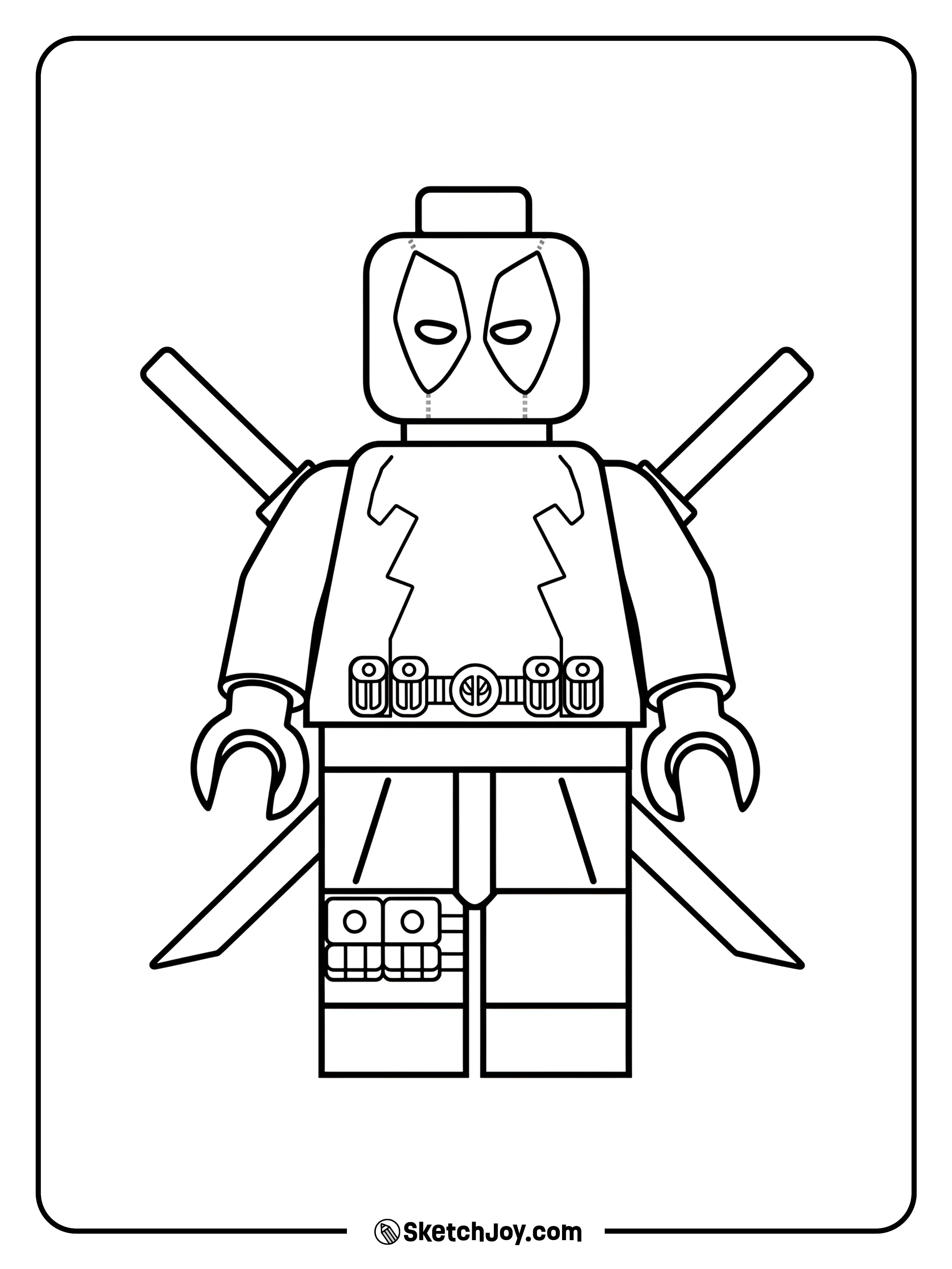 A Lego-style Deadpool with sharp details.