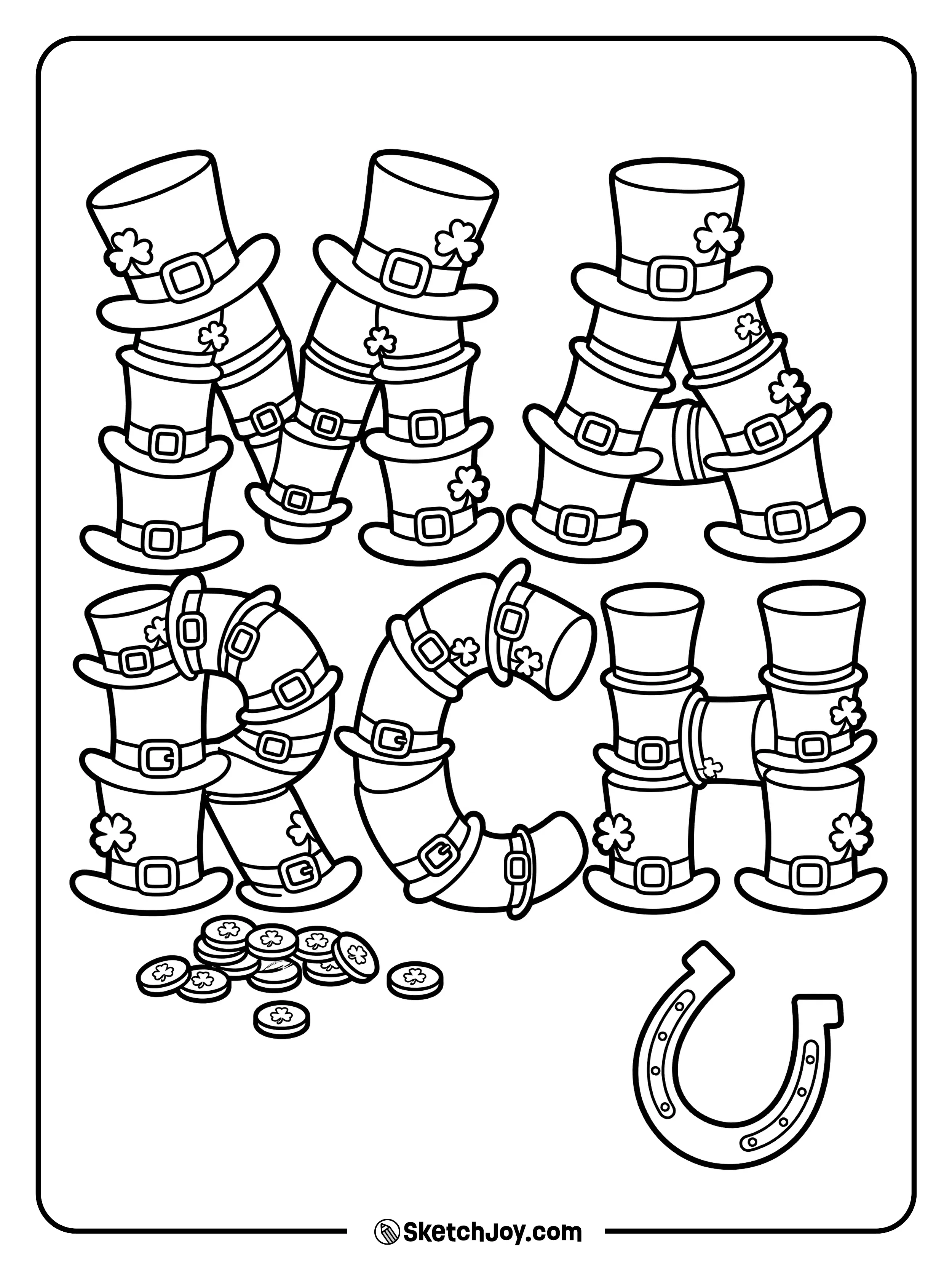 MARCH is made from leprechaun hats, with coins and a lucky horseshoe nearby.