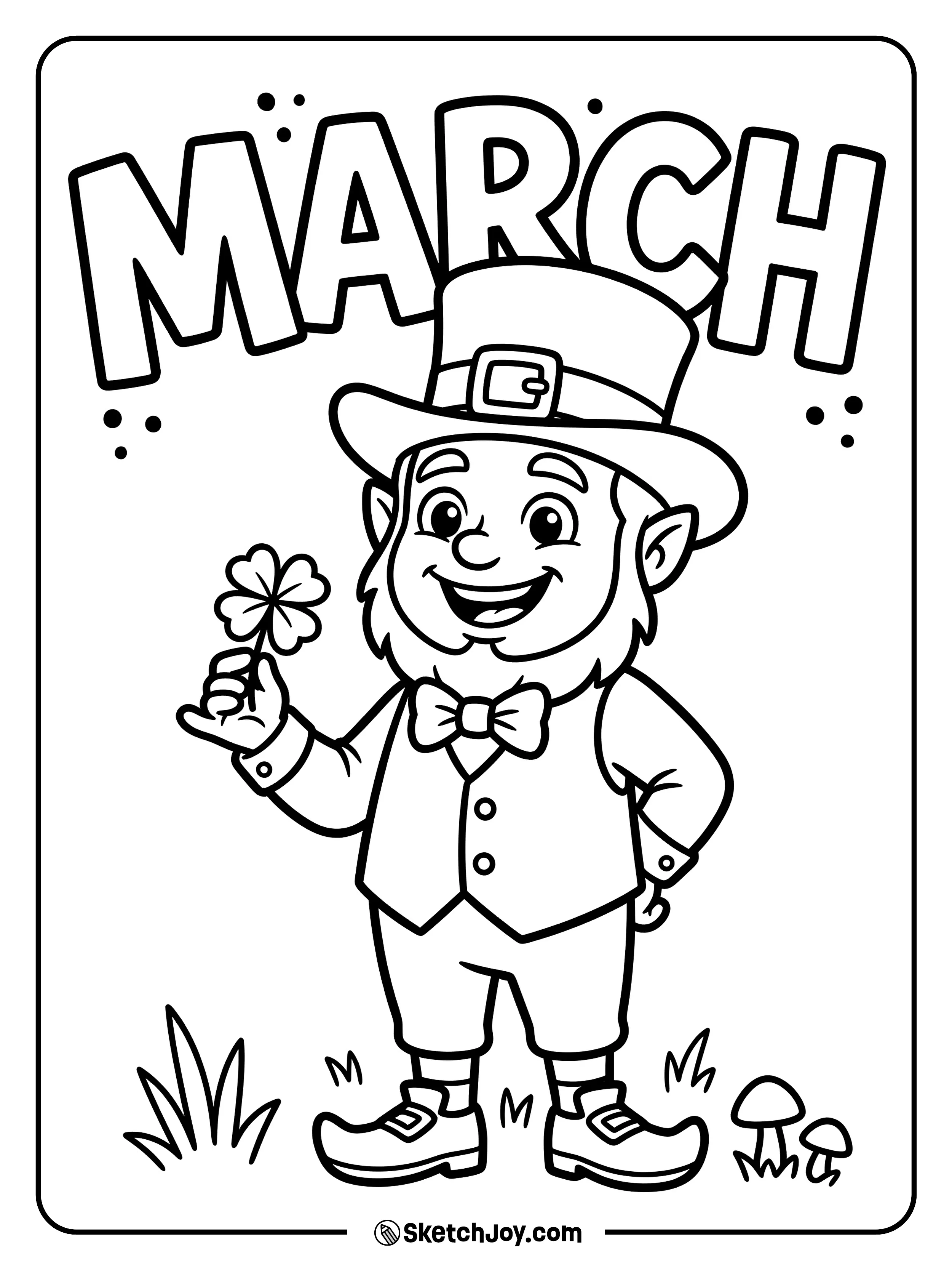 A smiling leprechaun stands in a classic pose with big MARCH letters.