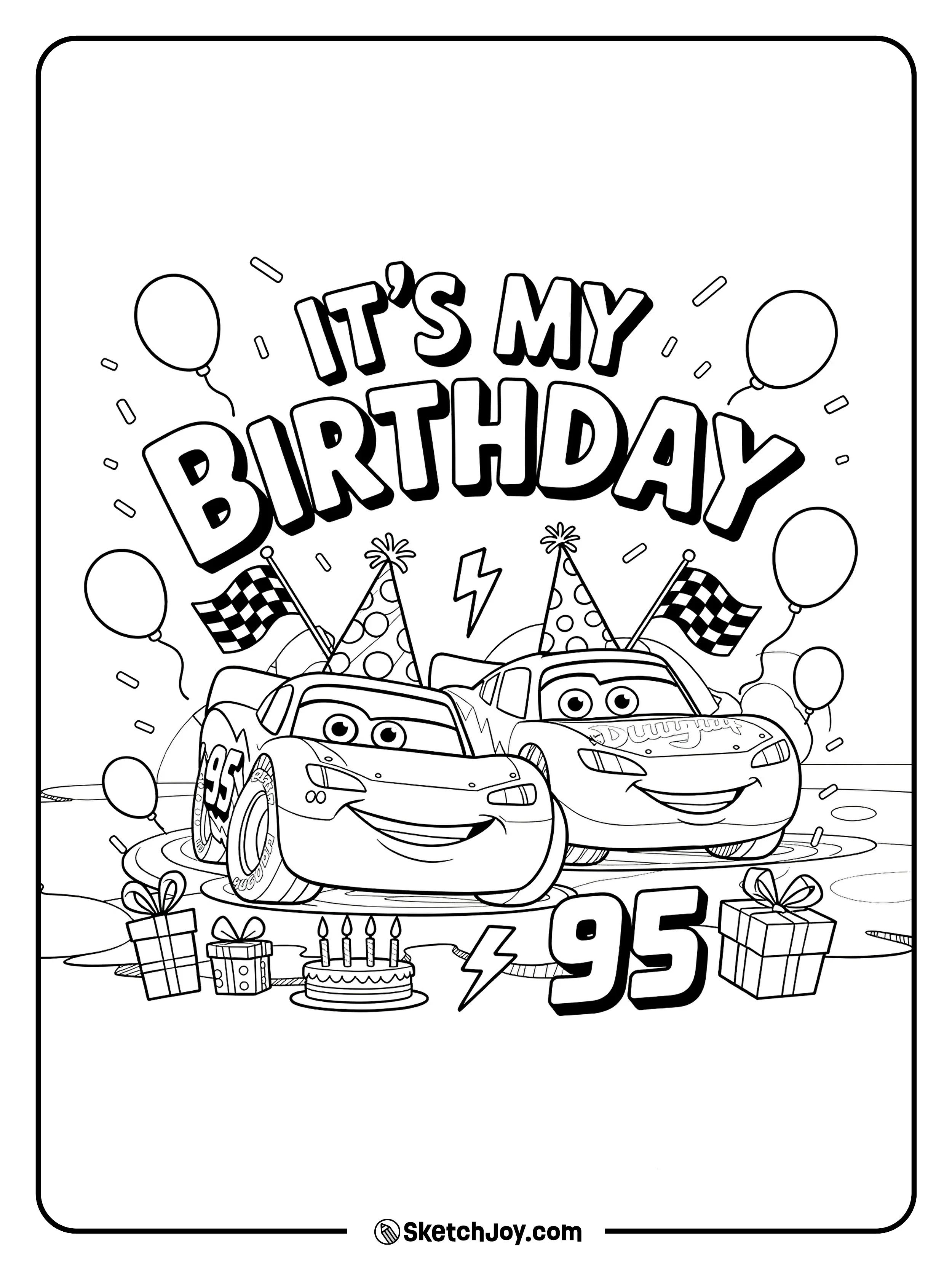 Two Lightning McQueen cars celebrate a fun birthday party with balloons, gifts, and cake.