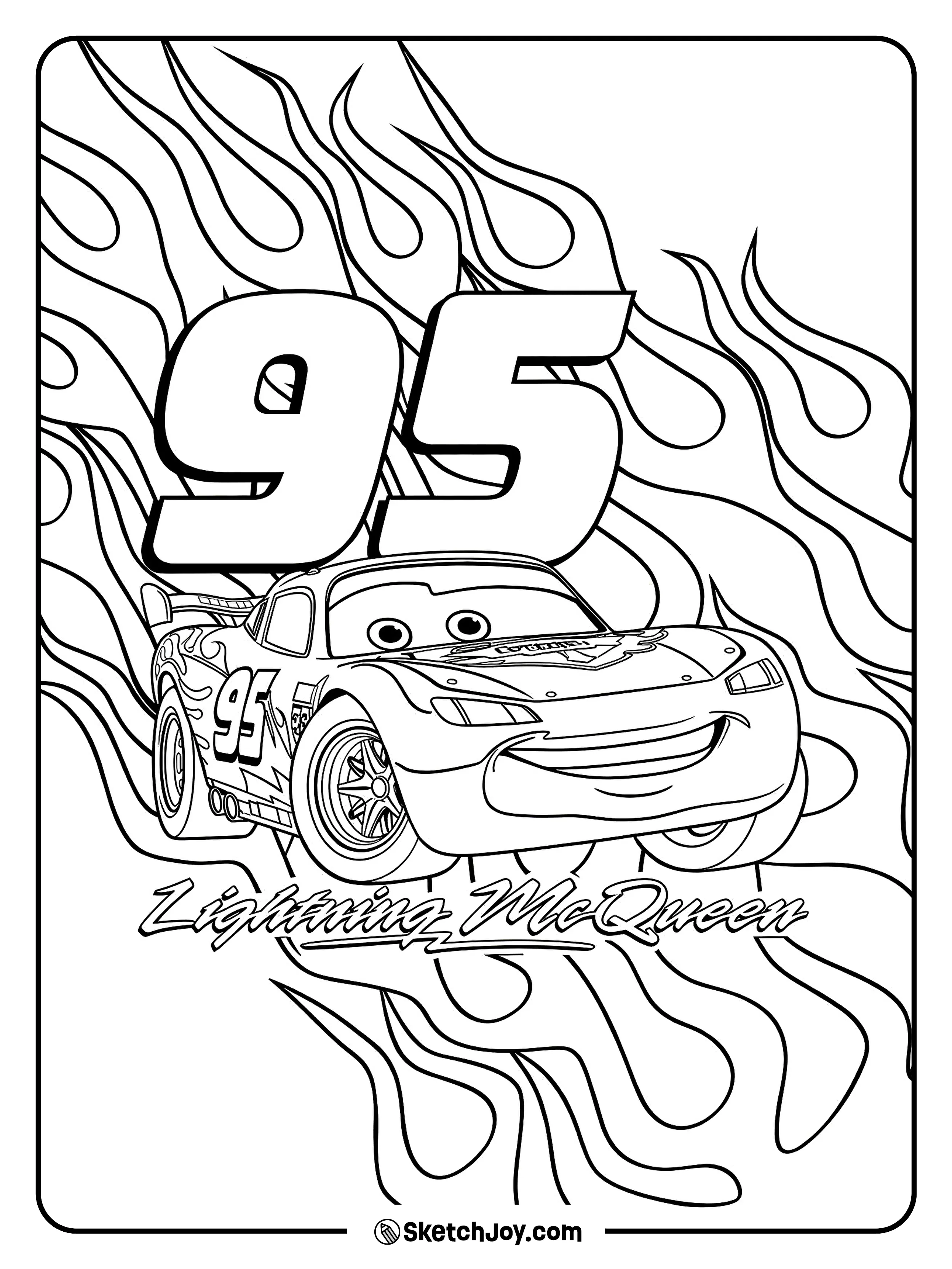 Lightning McQueen shines in front of giant flames and a big 95 number.
