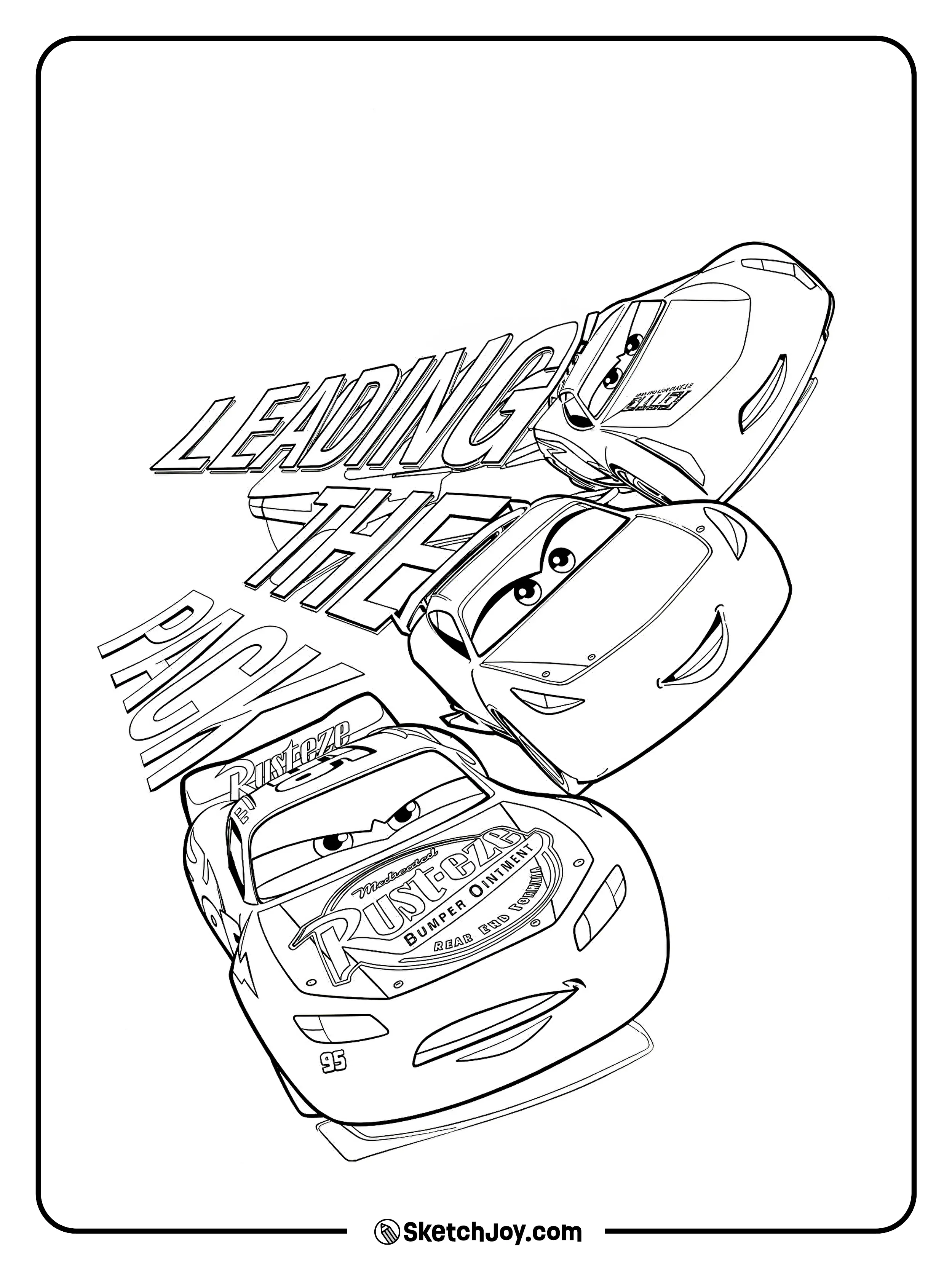 Lightning McQueen drives in front with two race cars behind him in a strong action scene.