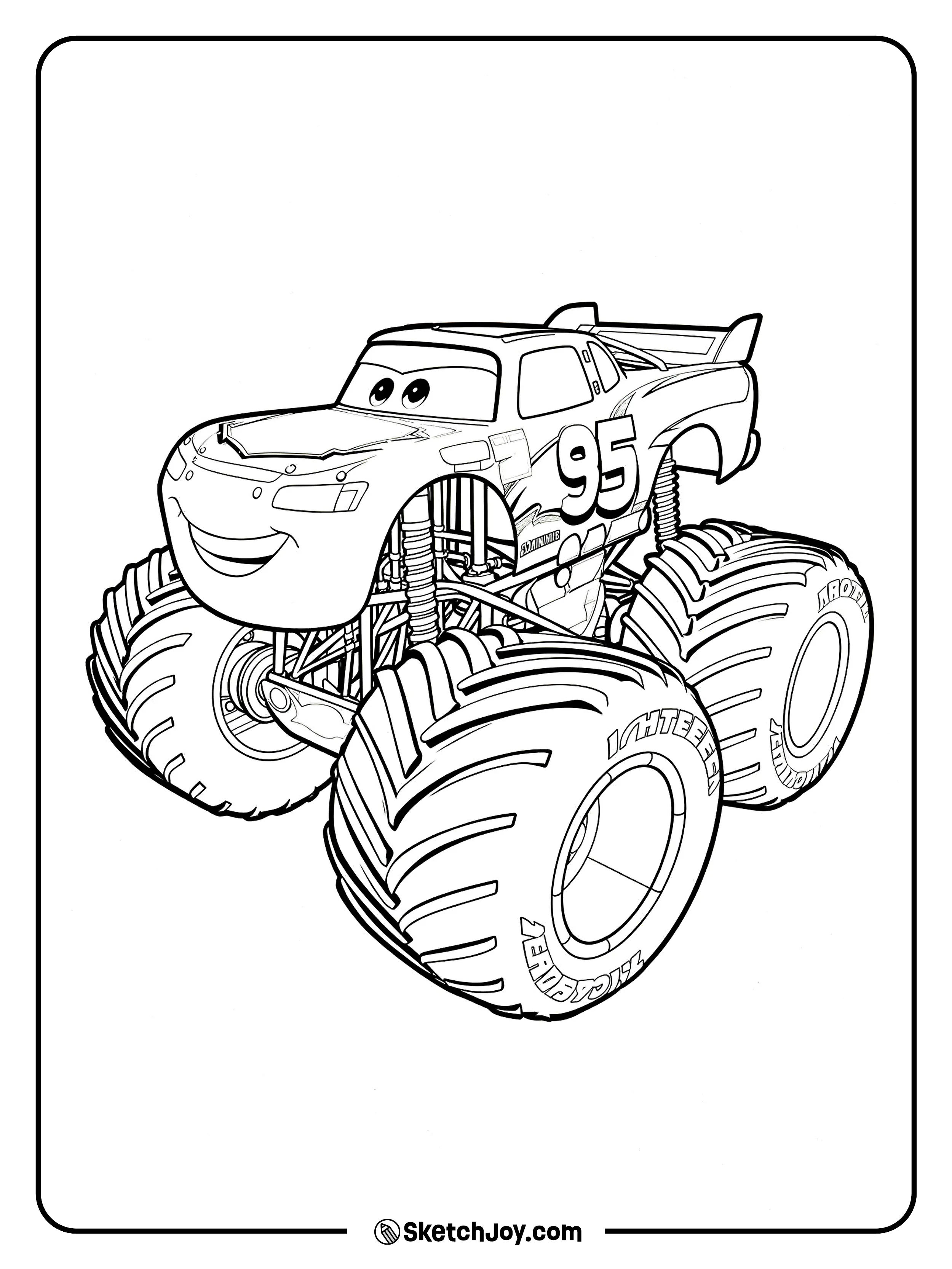 Lightning McQueen turns into a giant monster truck with huge tires and a big smile.