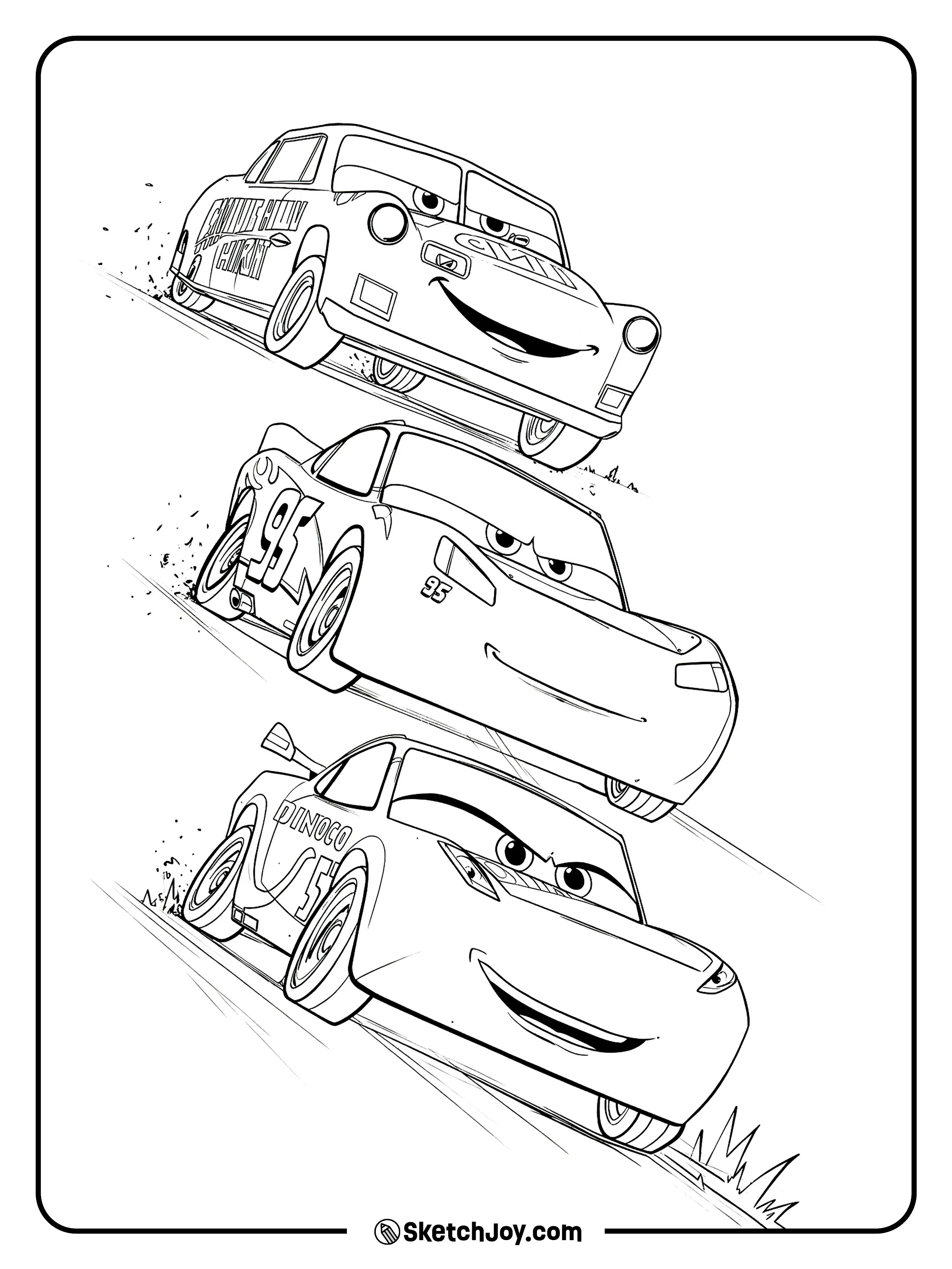 Lightning McQueen races with two fast rivals in a bold downhill action scene.