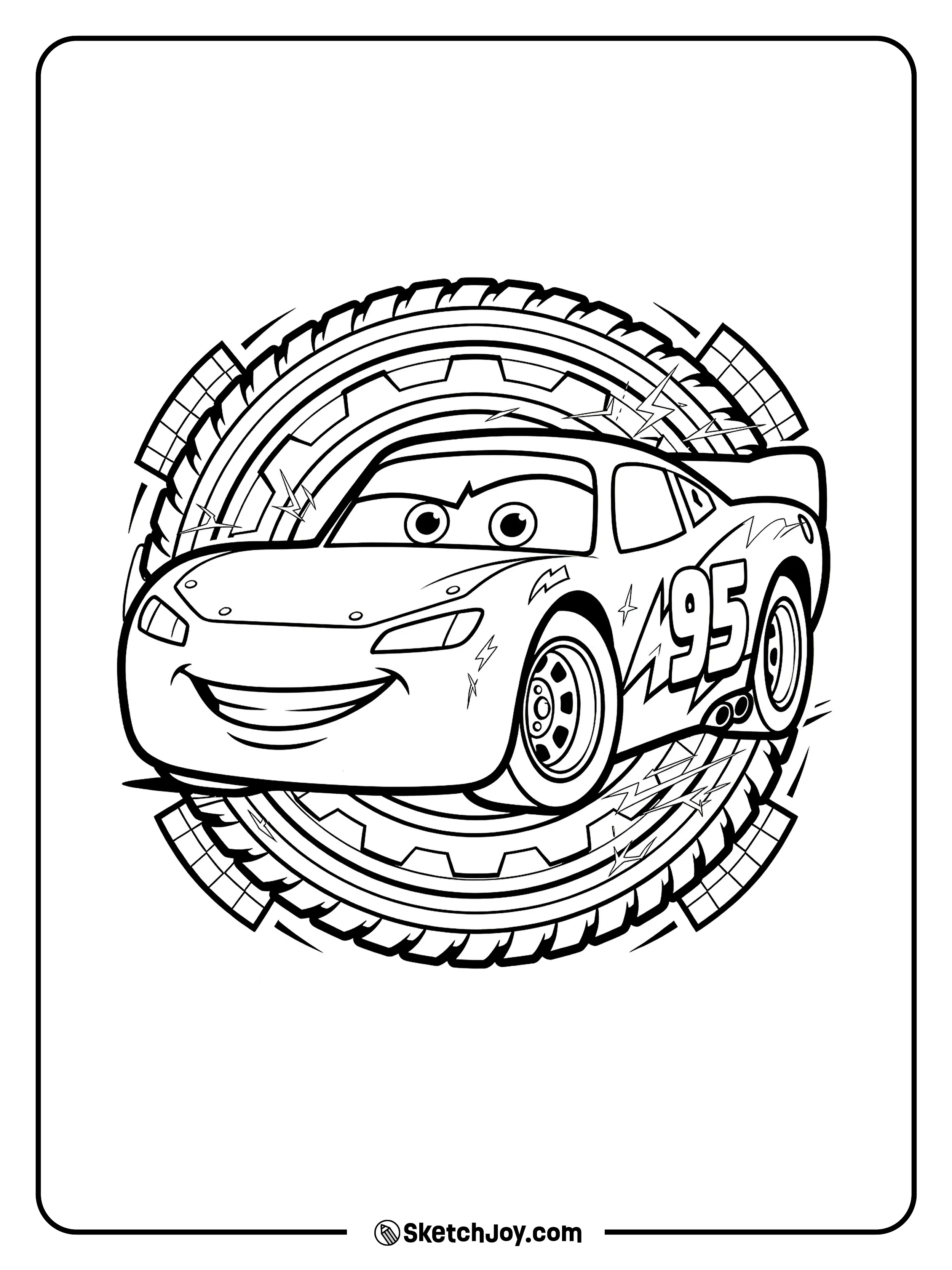 Lightning McQueen smiles inside a bold tire design with racing flags and spark details.