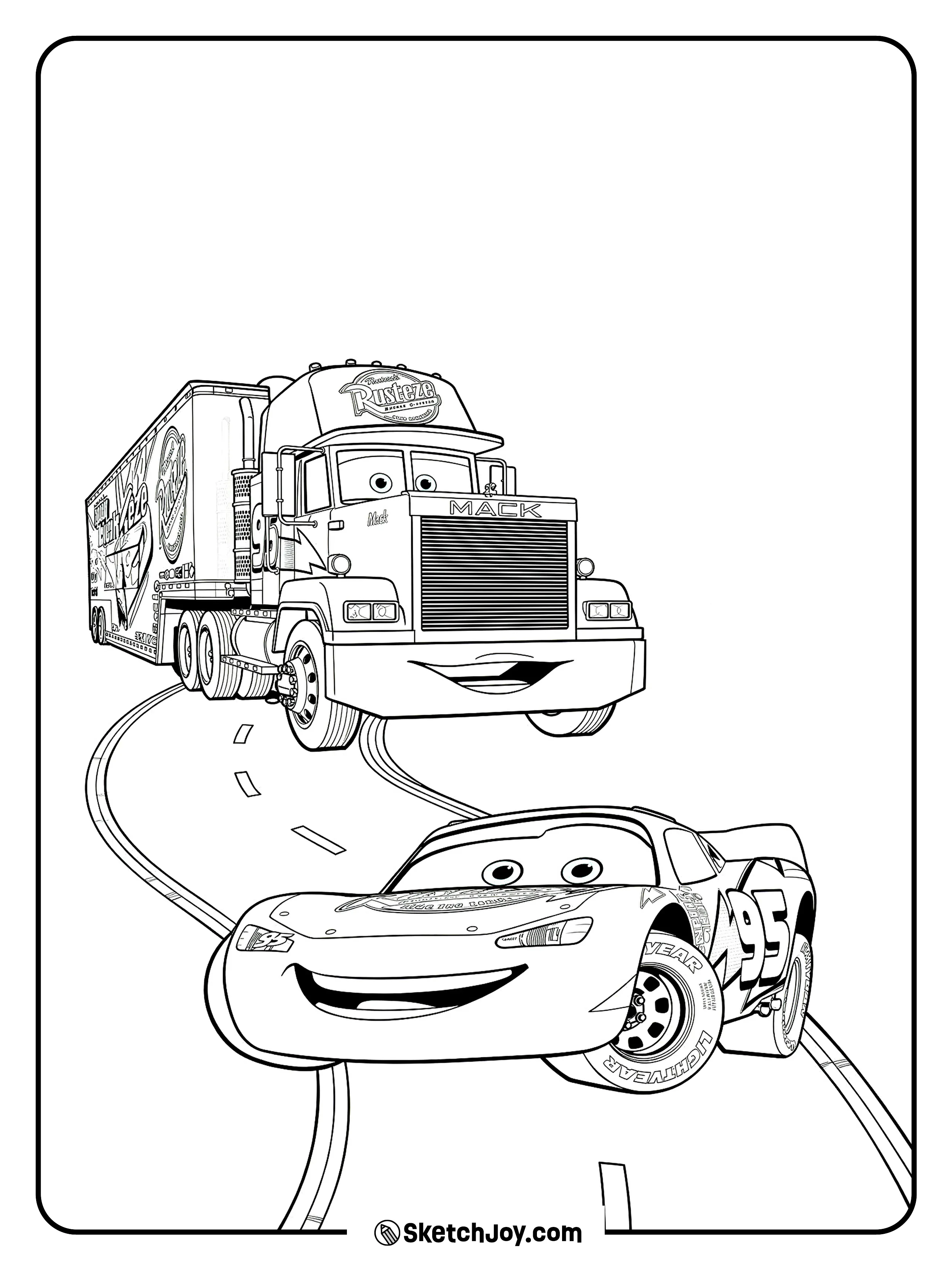 Lightning McQueen rides along a winding road with Mack in a fun travel scene.