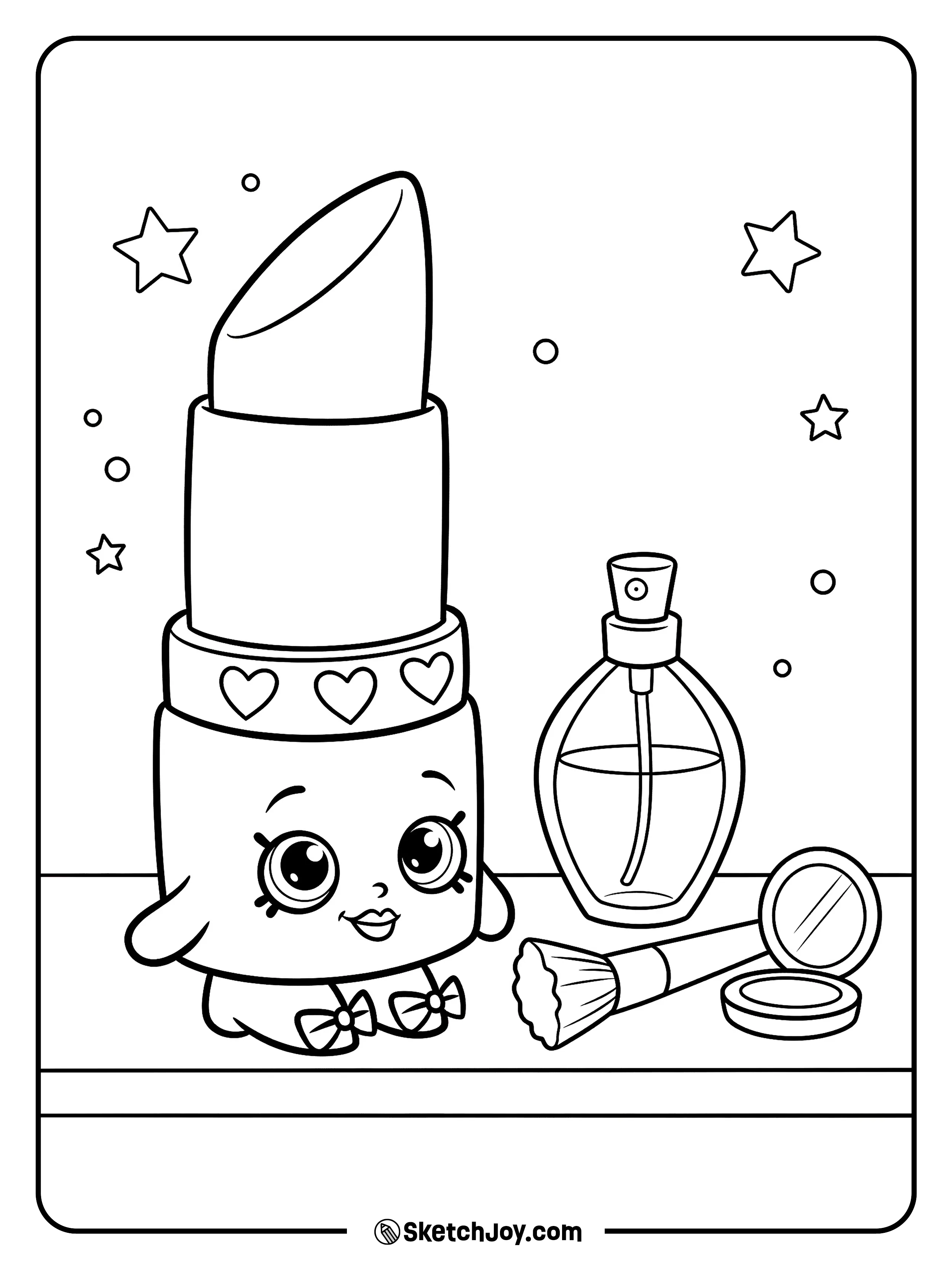 Lippy Lips smiles on a beauty shelf with a few simple items nearby.