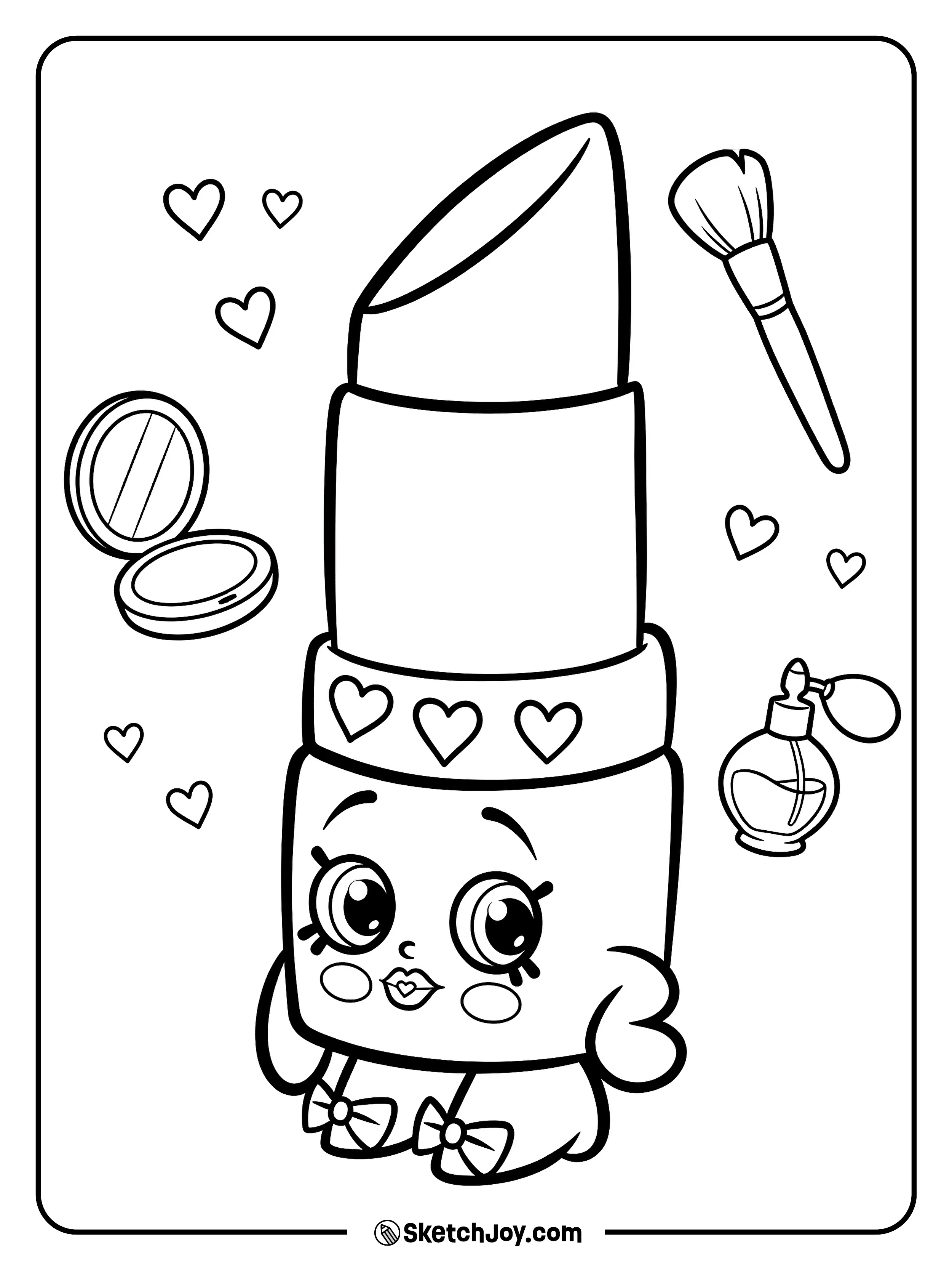 Lippy Lips stands with fun beauty shapes floating around her.