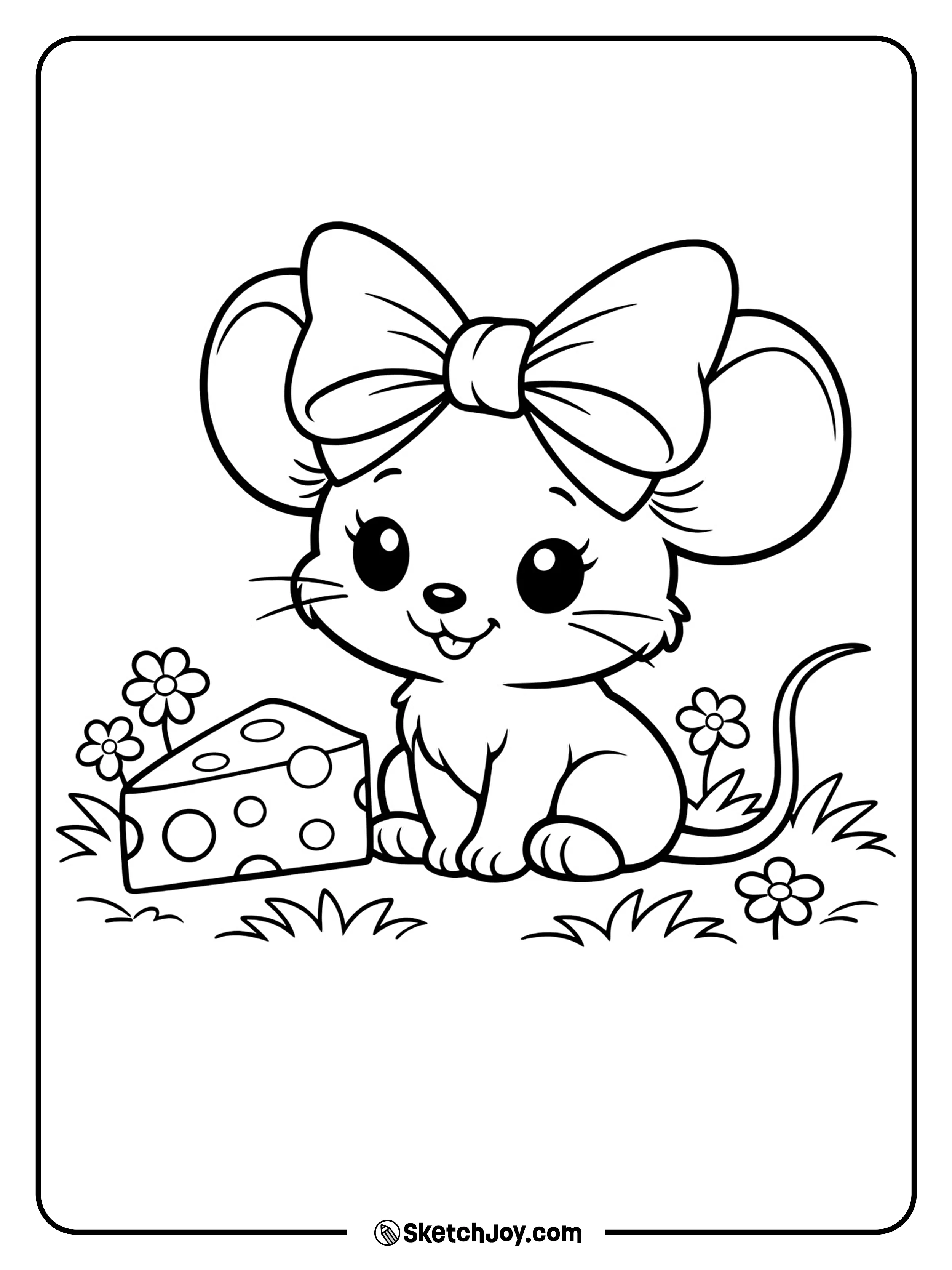 A tiny mouse wearing a giant bow and smiling brightly.