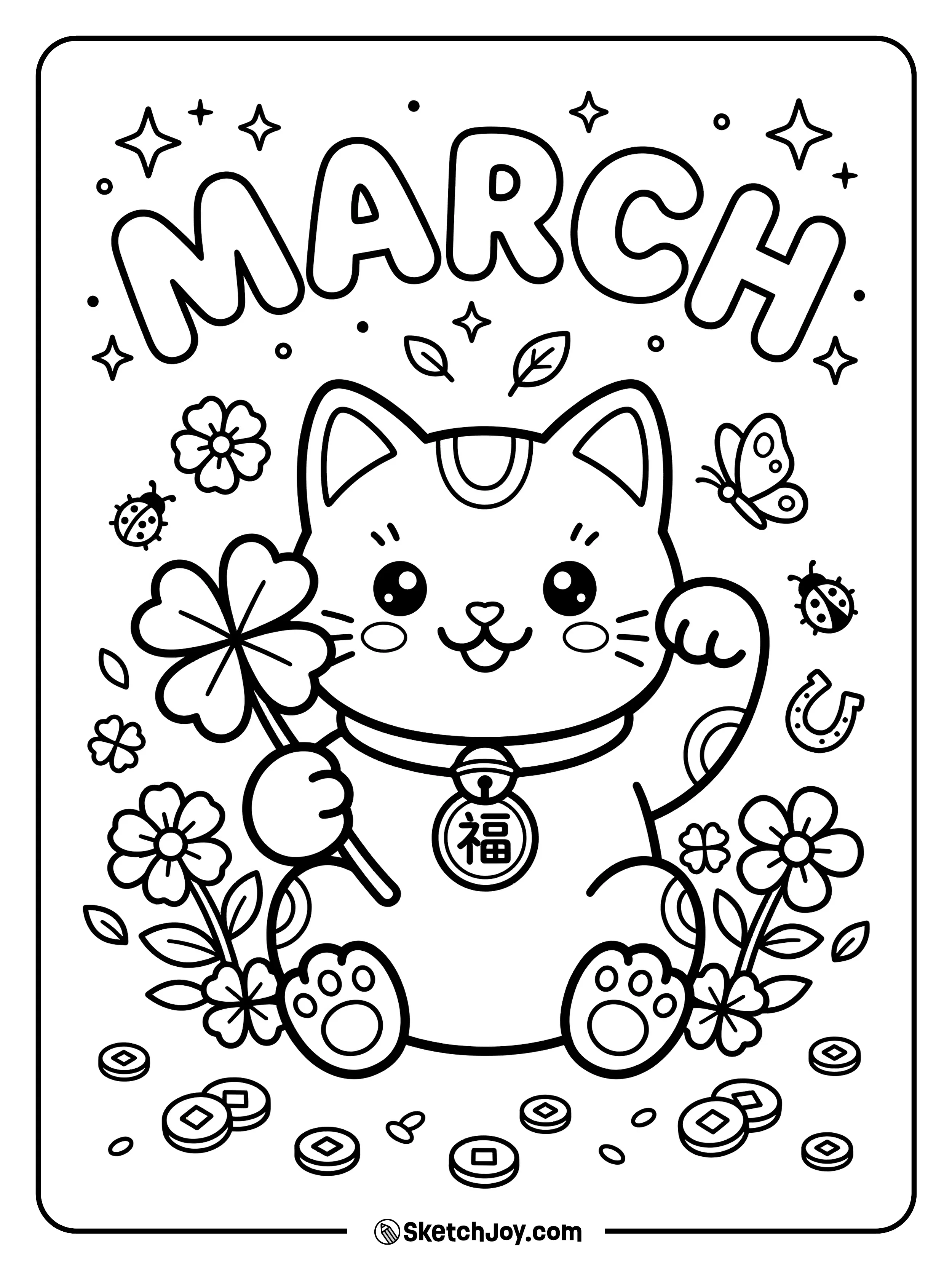 A cute lucky cat holds a clover under bold MARCH letters with tiny coins.