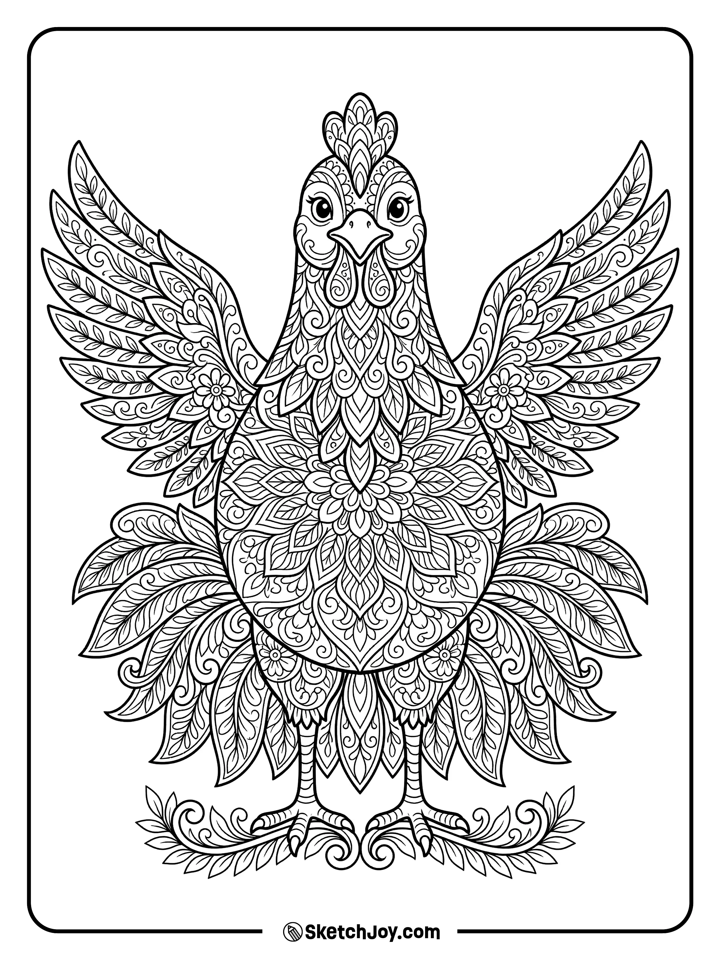 A chicken is drawn with repeating feather shapes and a bold center pose.