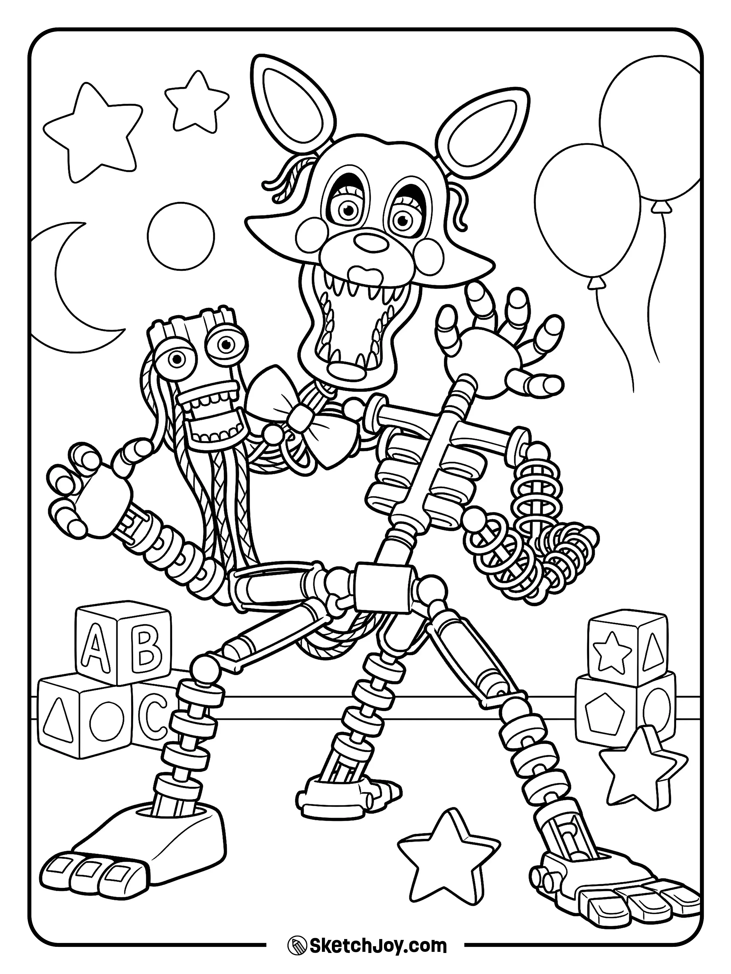 Mangle stands in a play area with blocks and a toy star.