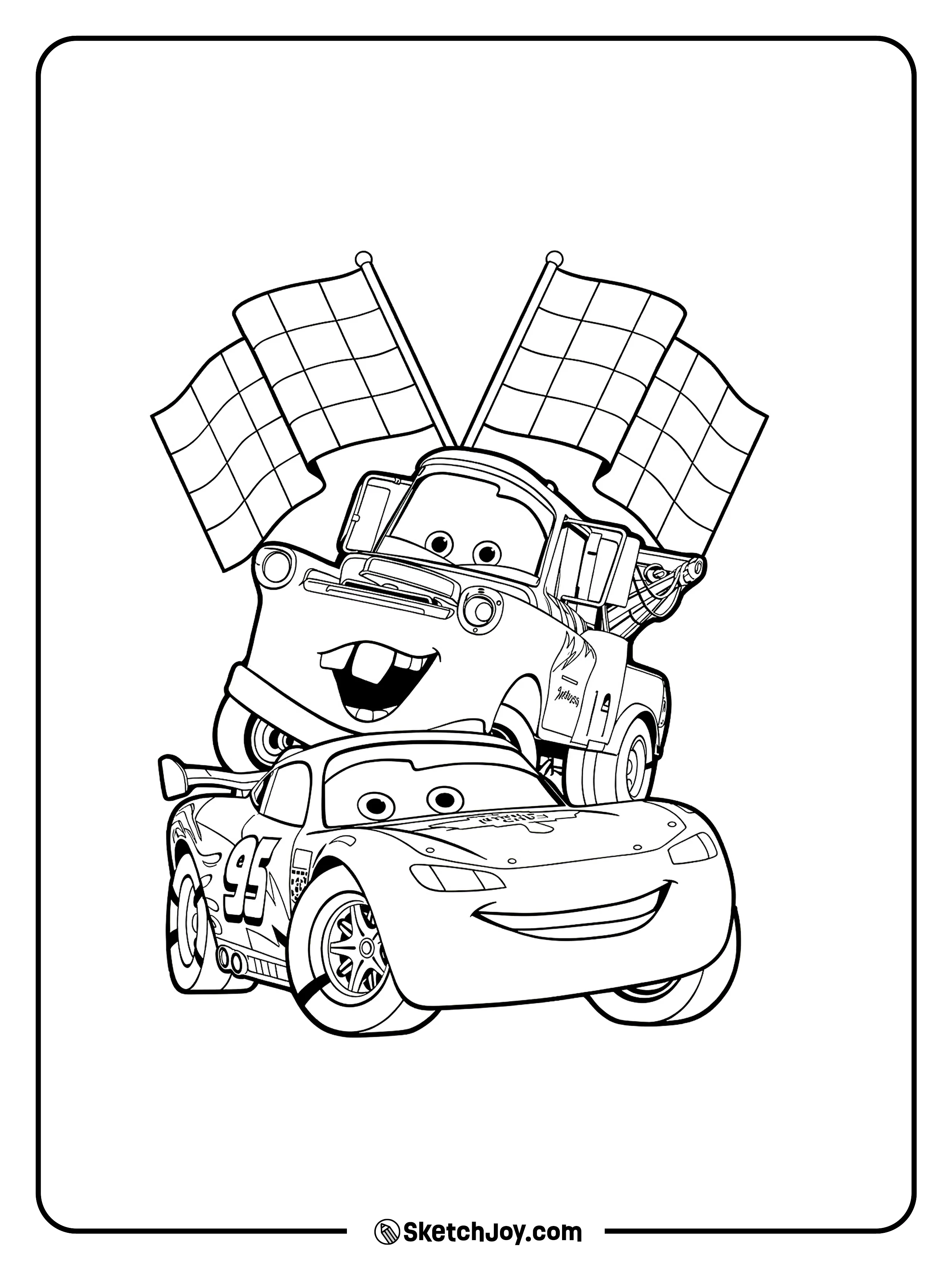 Lightning McQueen and Mater pose together with racing flags in a happy winner scene.