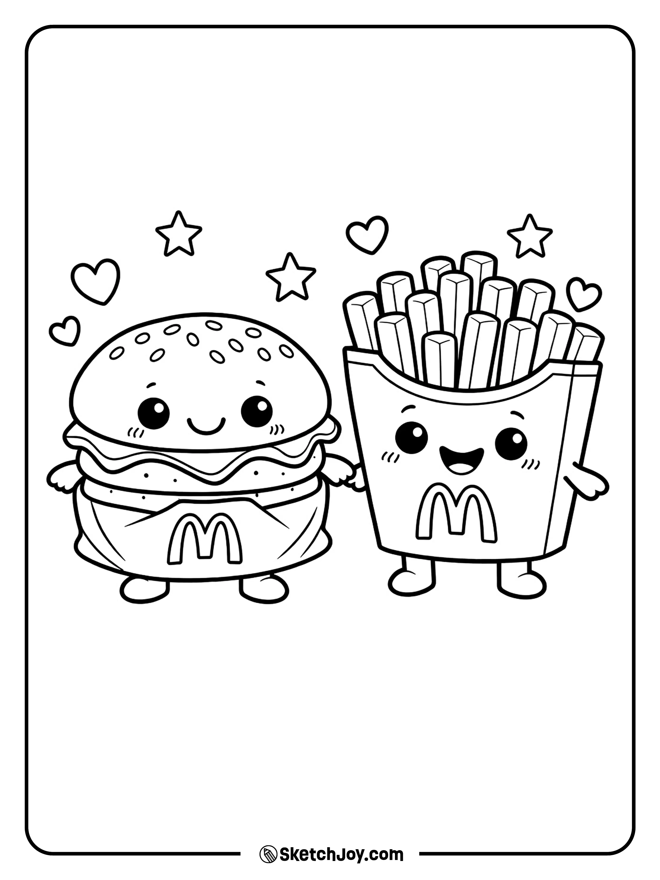 A McDonald's burger and fries pair stand together in a cute cartoon style.