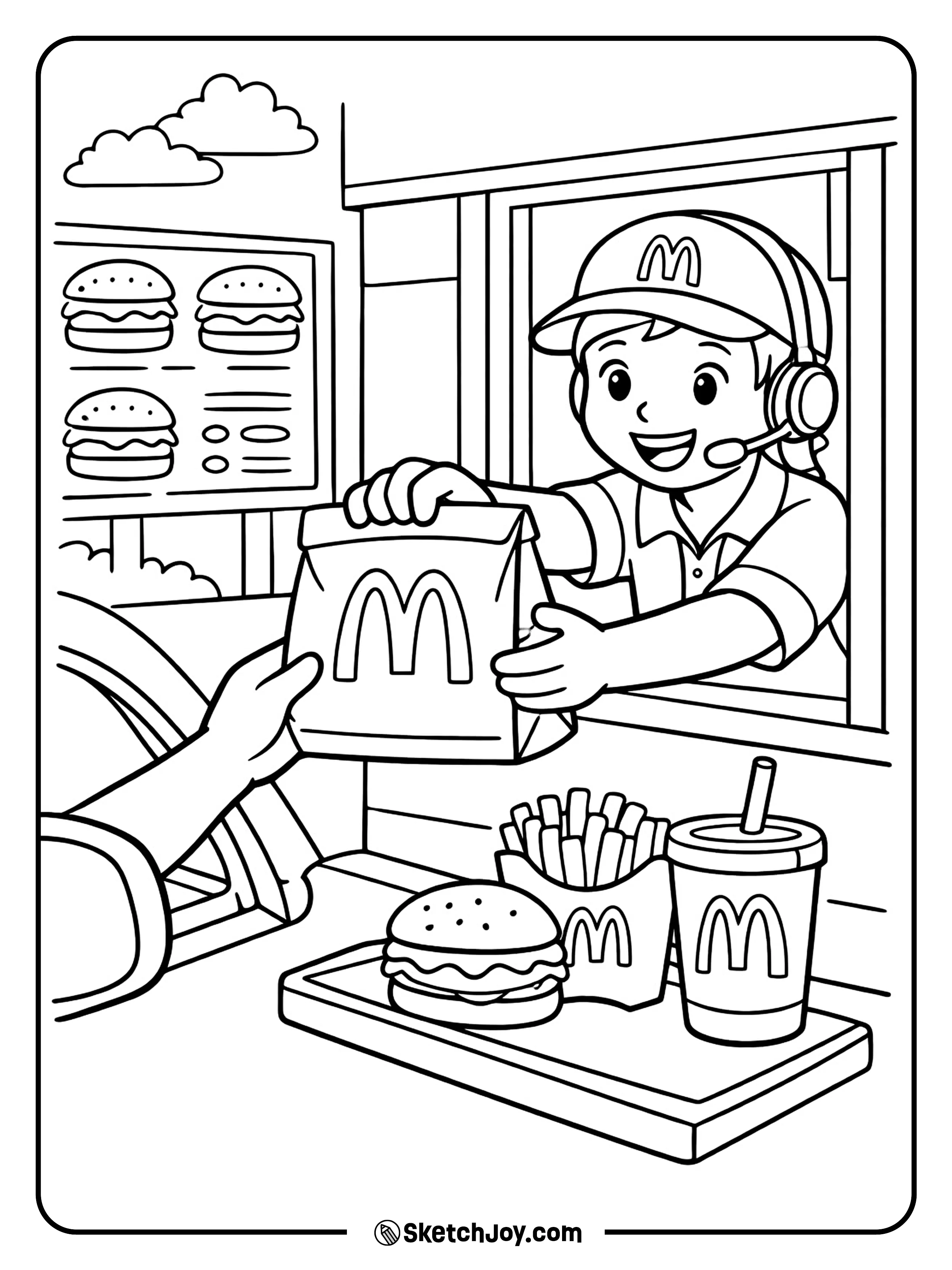 A burger meal handed out at a drive-thru window in a fun restaurant scene.