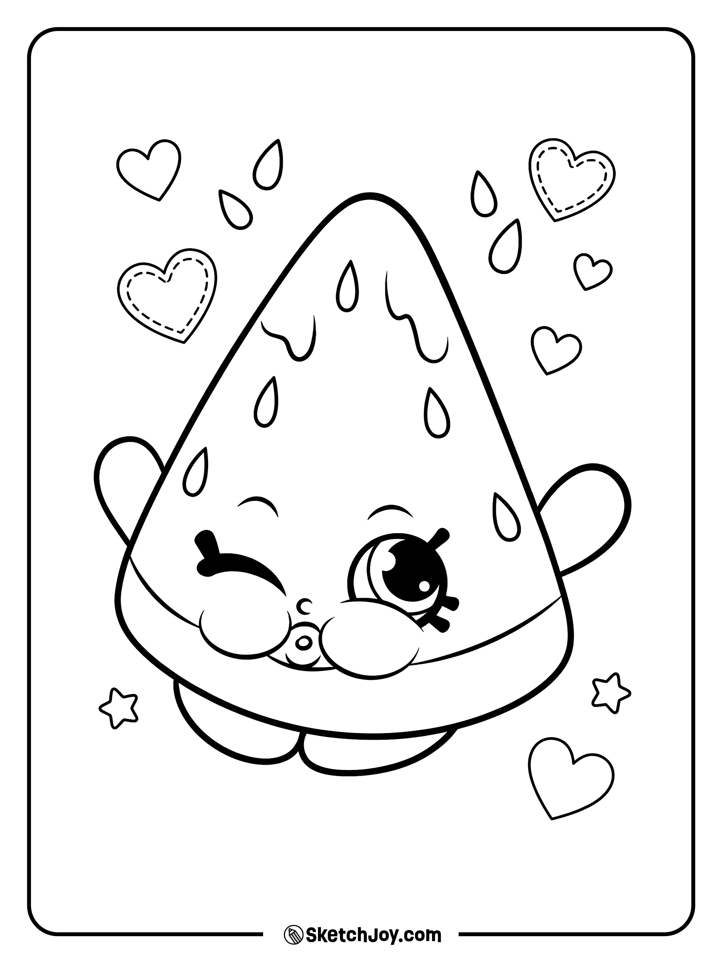 Melonie Pips gives a cute wink with hearts and little shapes floating around her.