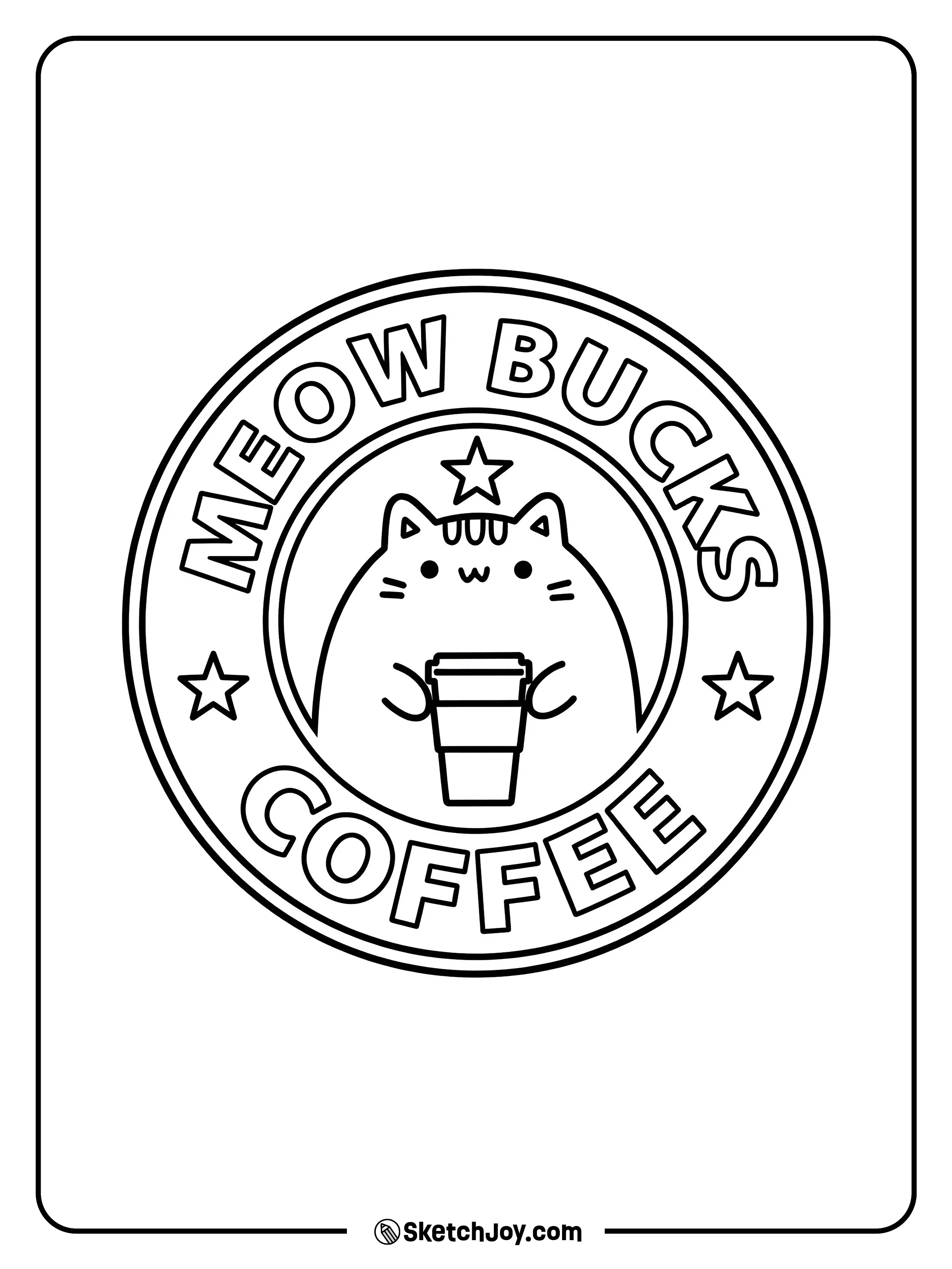 A cute kitty sits inside a coffee logo while holding its own tiny cup.