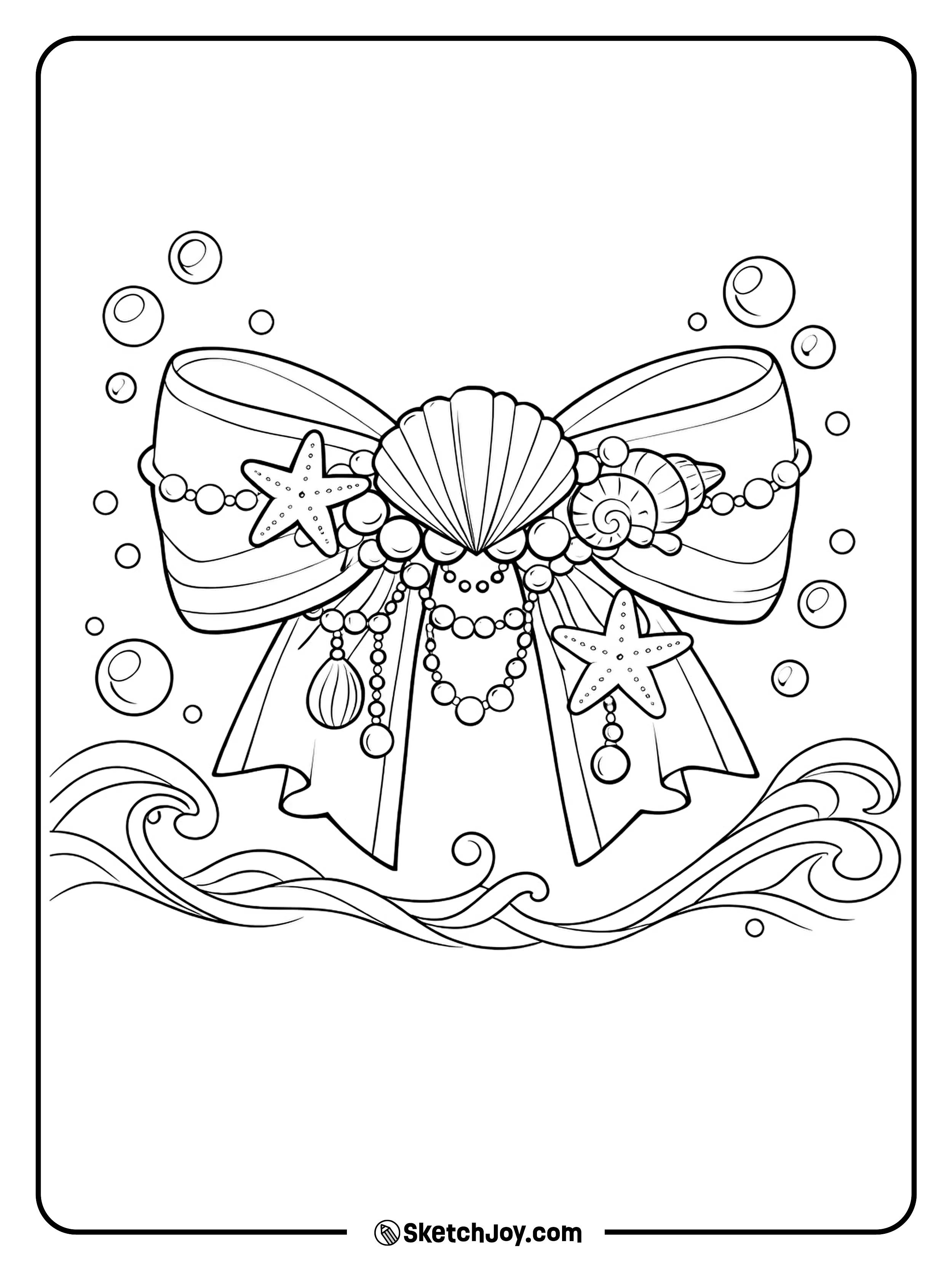 A sea-themed bow with shells, pearls, and ocean charm.