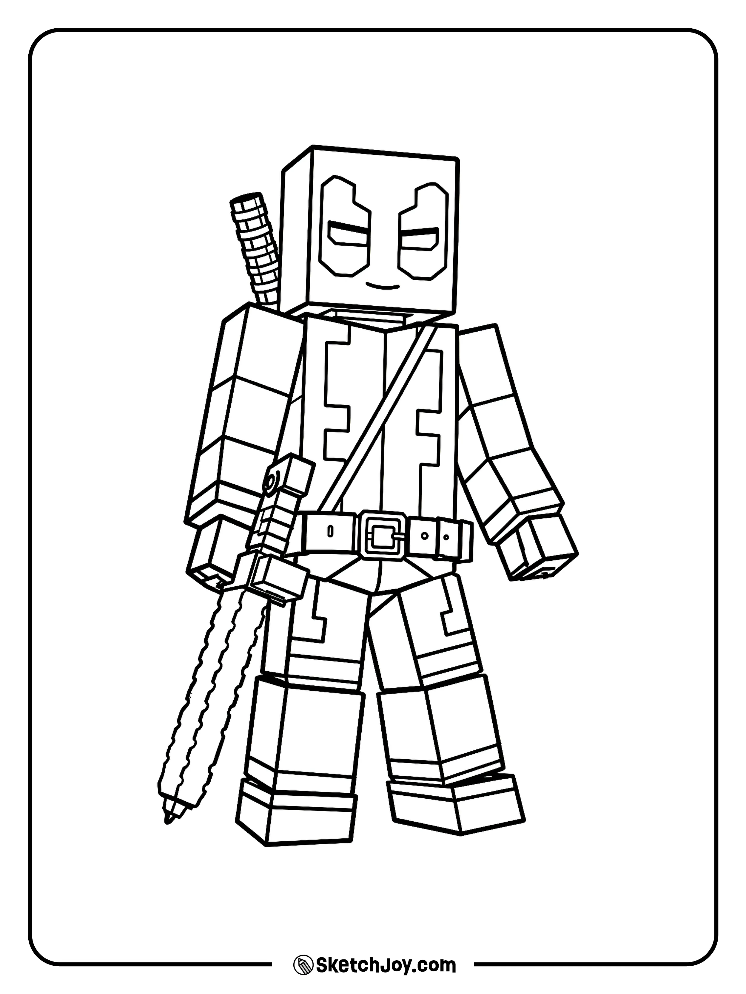 A Minecraft-style Deadpool with a cool sword pose.
