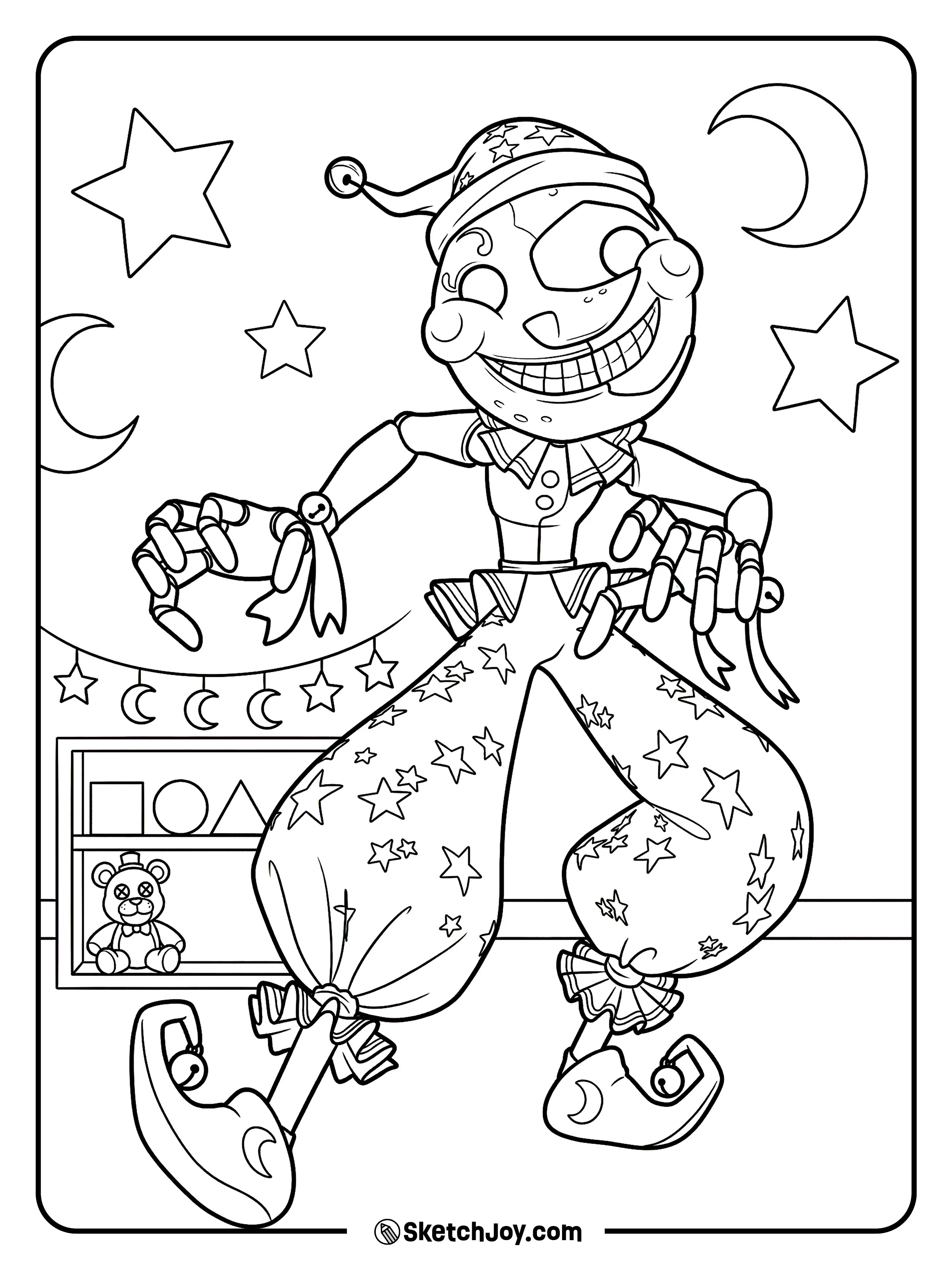 Moon hangs in the daycare with stars and a toy shelf behind him.