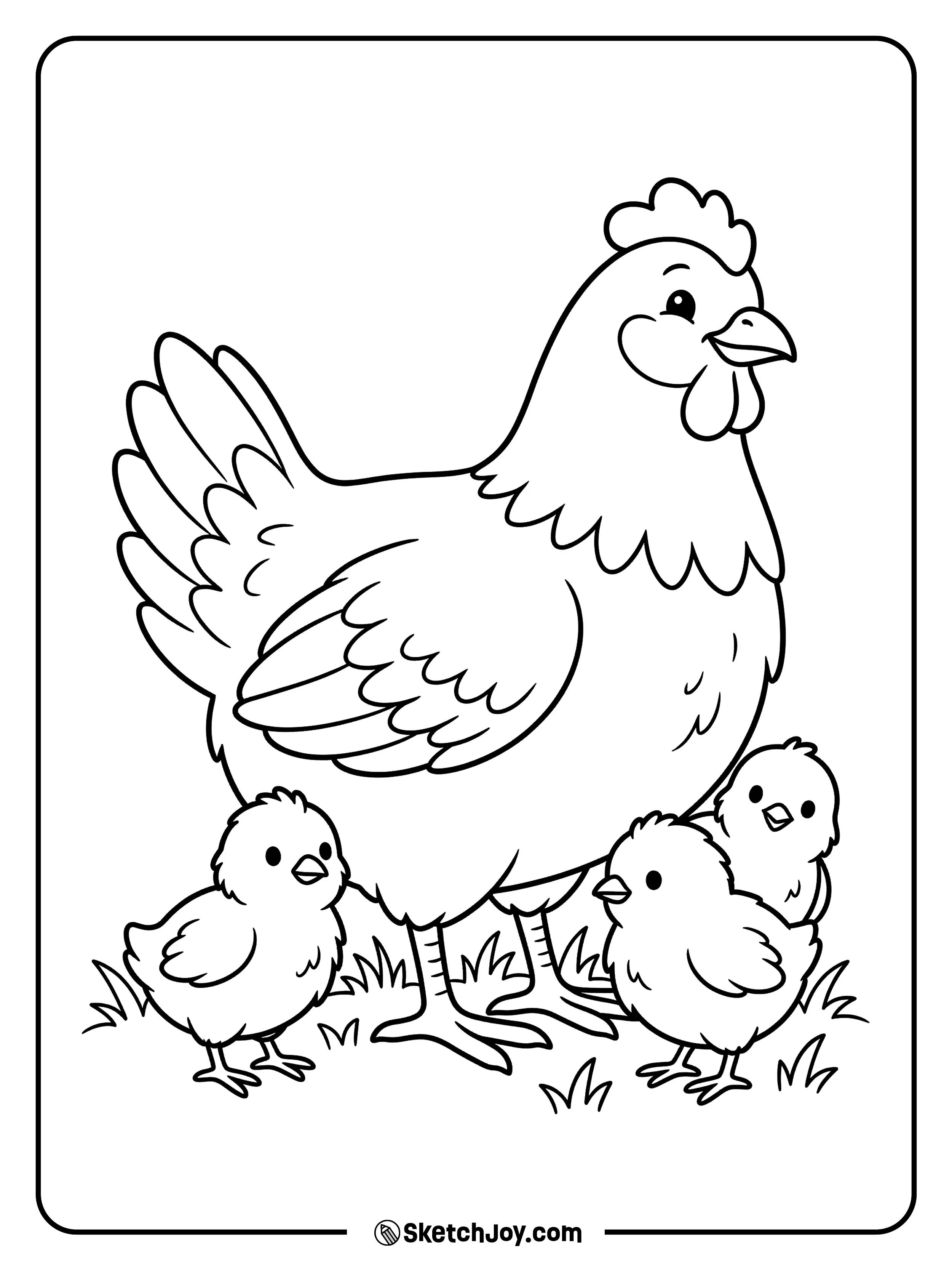 A calm mother hen stands close to her three fluffy chicks as they stay together and look around.