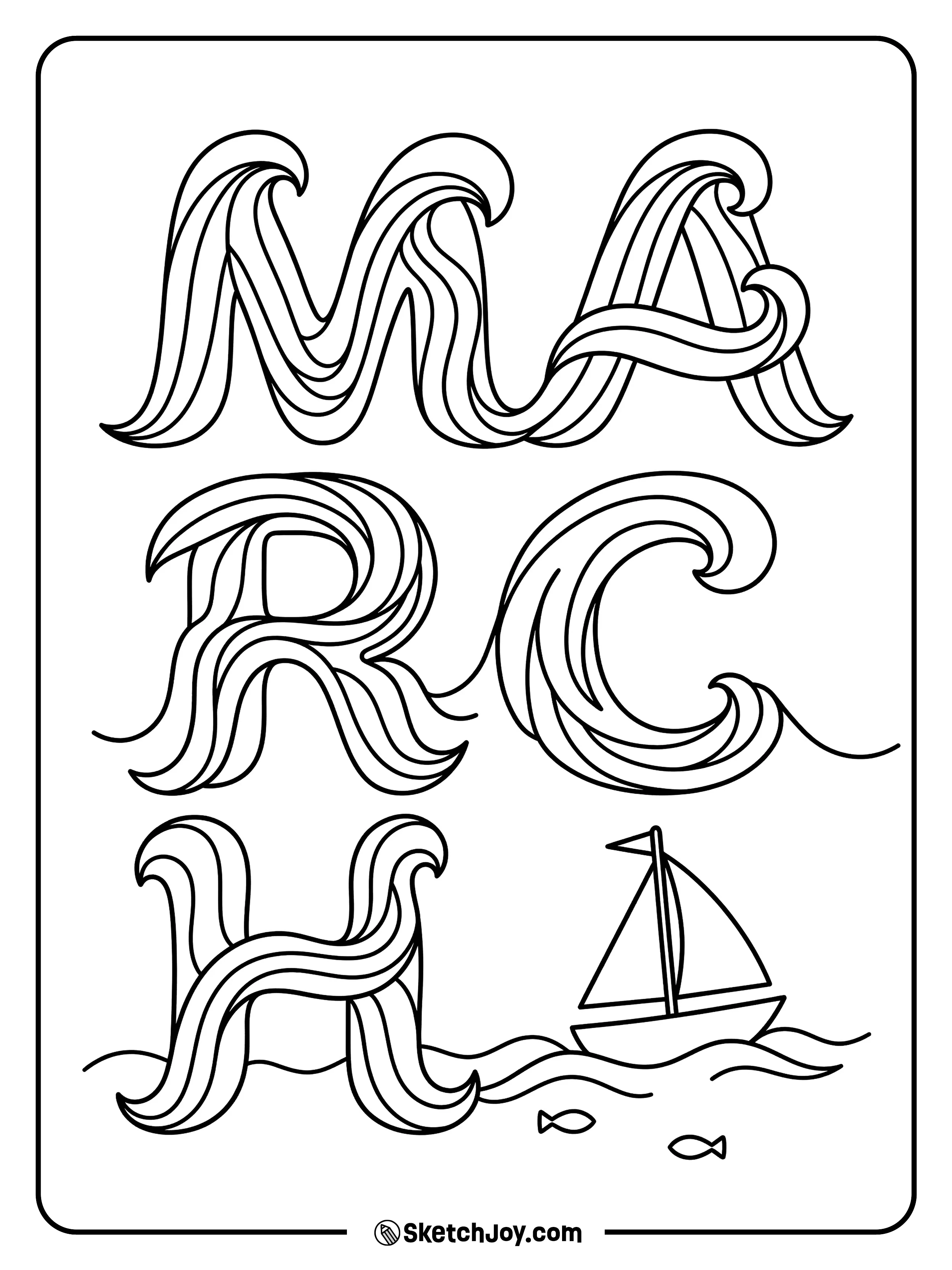 MARCH is made from waves, with a small sailboat and a calm sea theme.