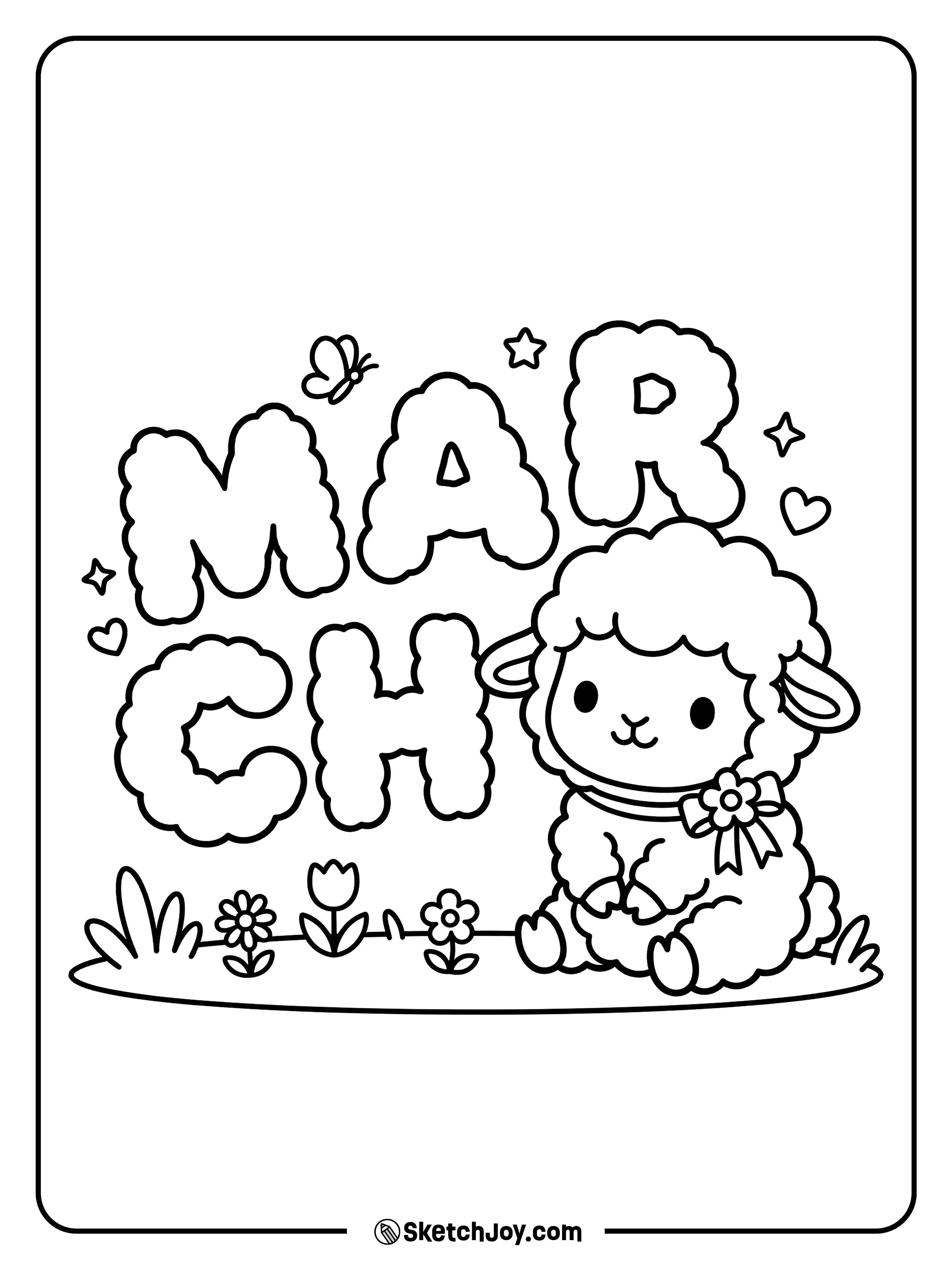 A cute lamb sits by MARCH letters made of fluffy clouds and spring grass.