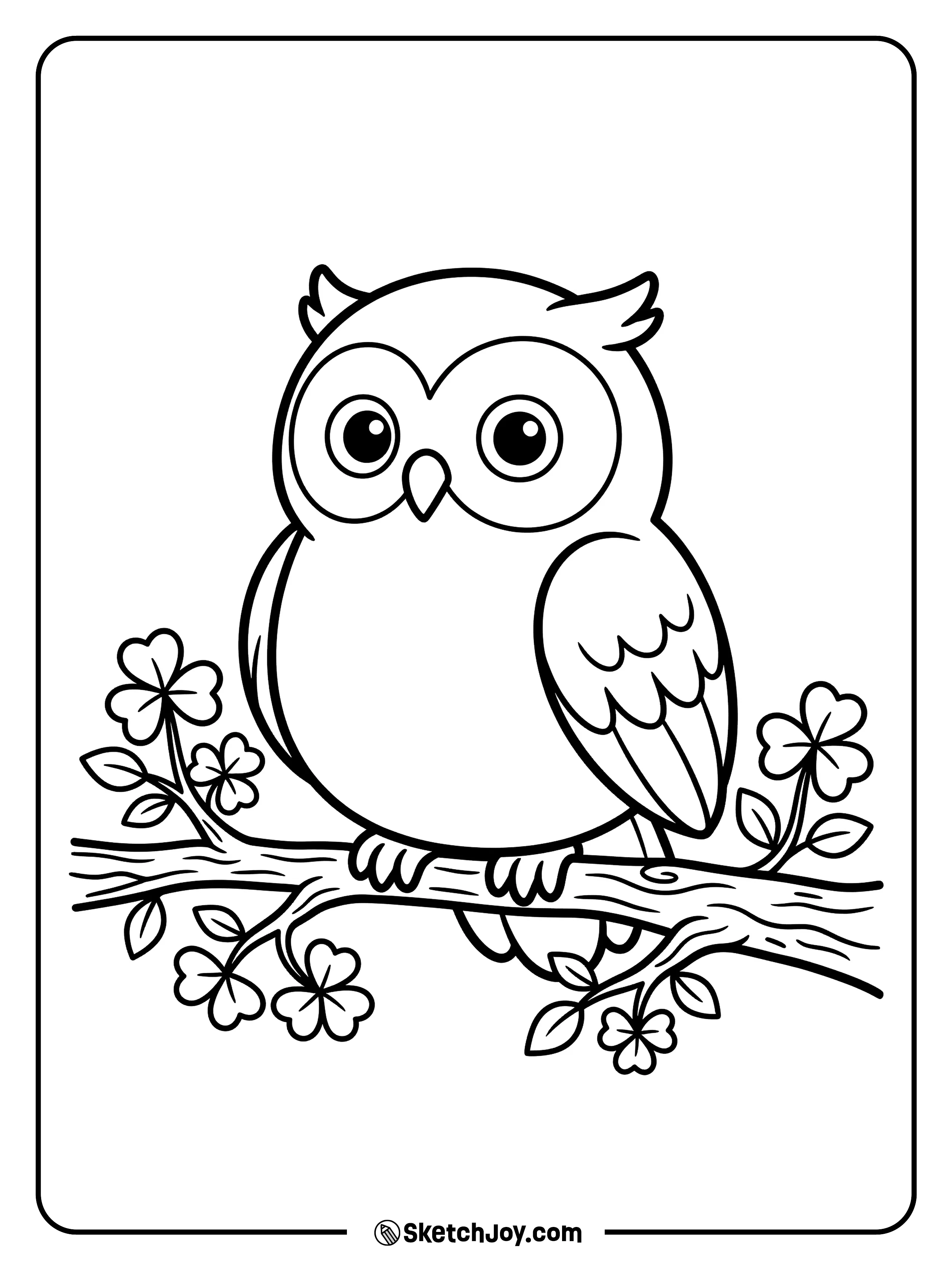 A wise owl sitting on a branch surrounded by shamrock leaves.