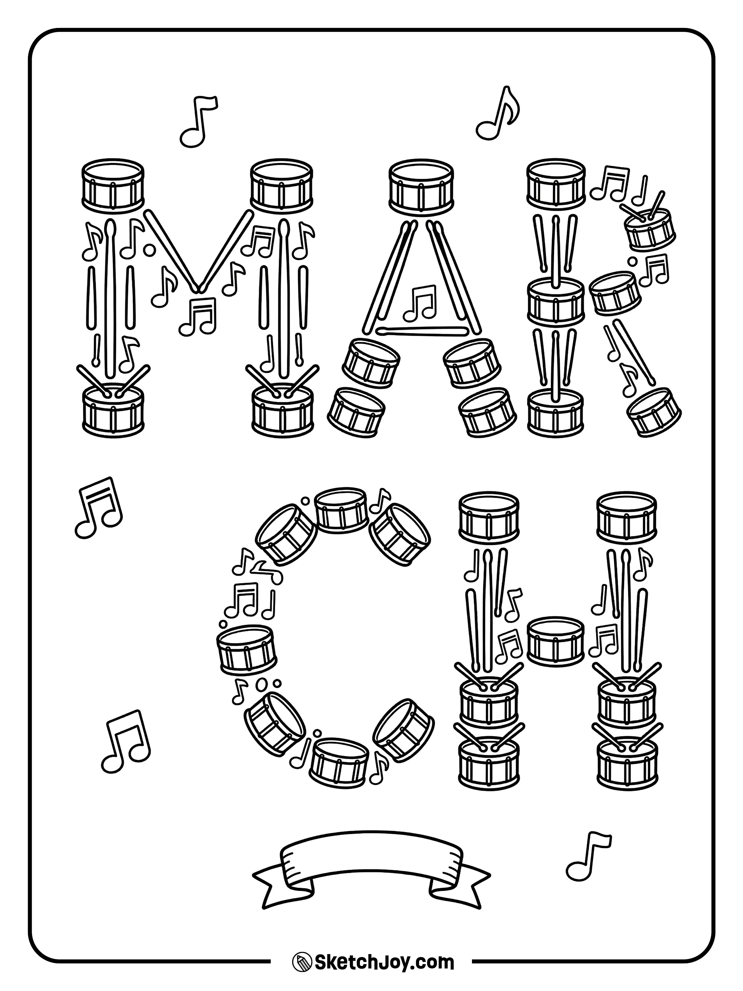 MARCH is shaped from drums and music notes, like a small parade scene.