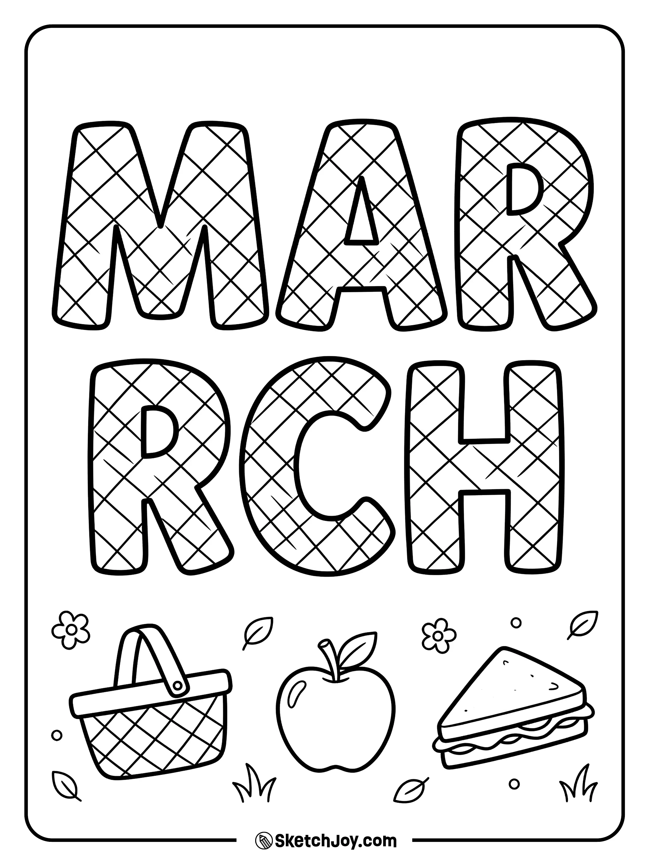 MARCH looks like woven basket letters with simple spring snacks around it.