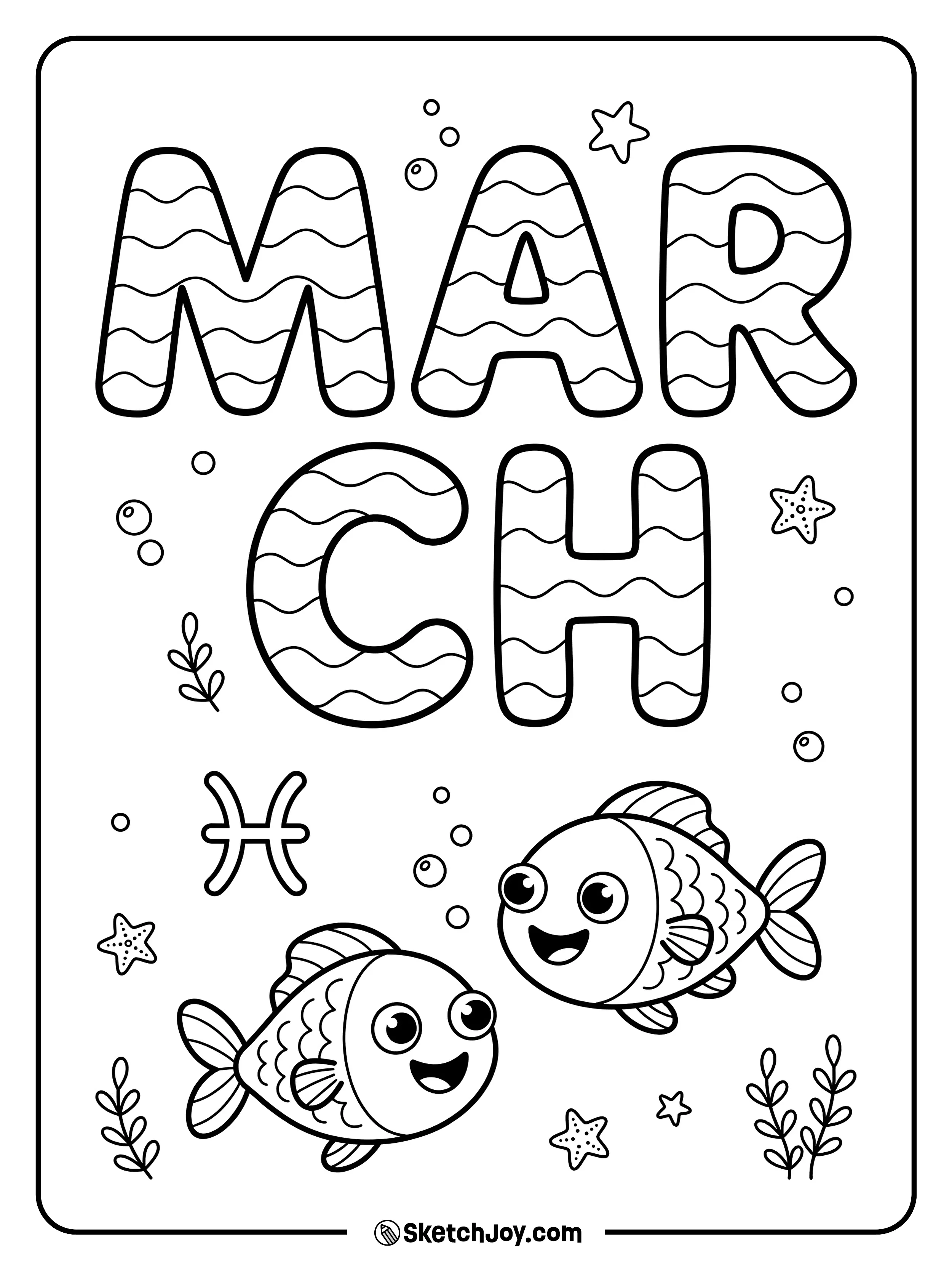 MARCH has wave patterns with a Pisces symbol and two friendly fish nearby.