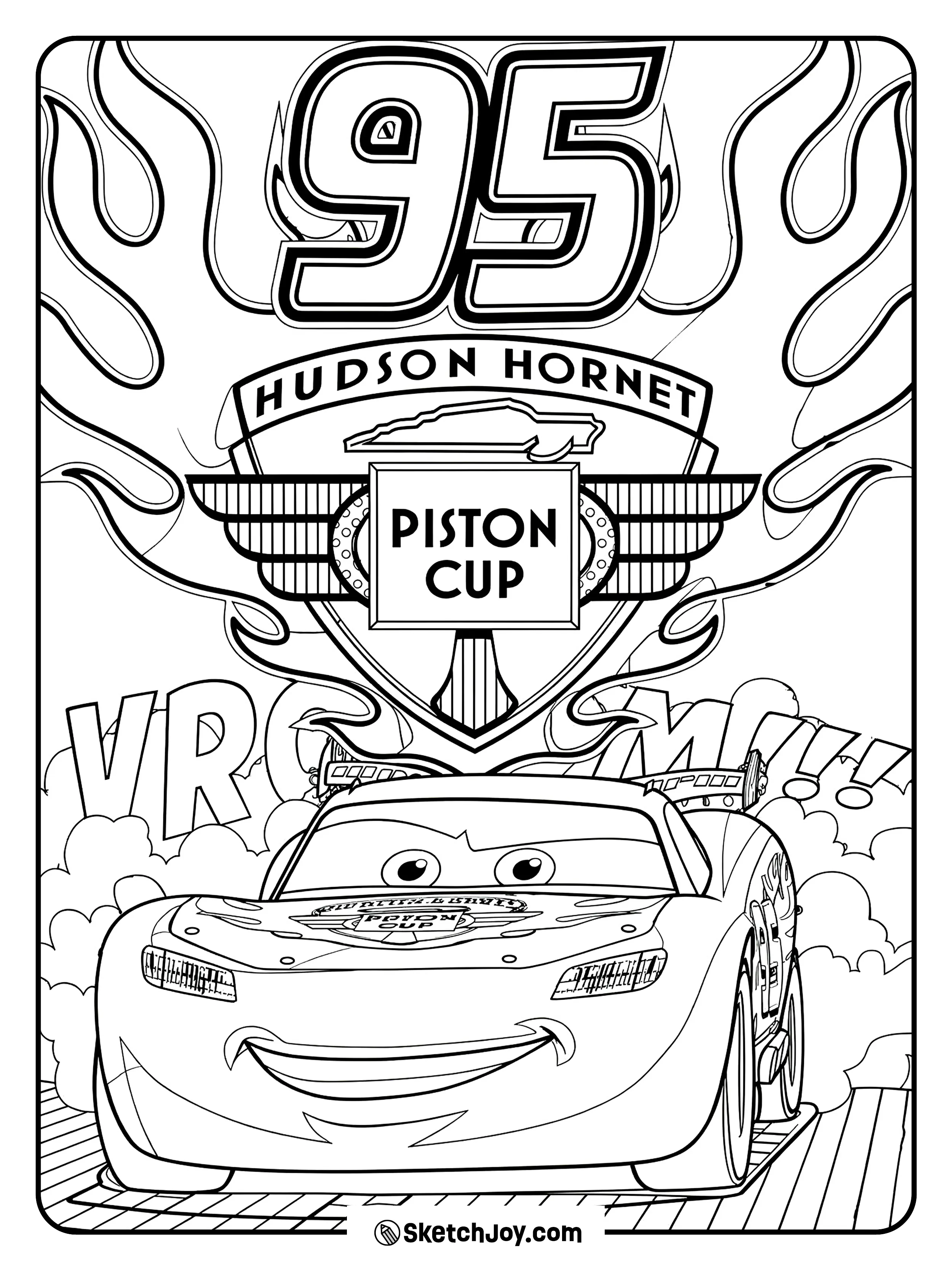 Lightning McQueen races toward a Piston Cup badge in a proud champion scene.