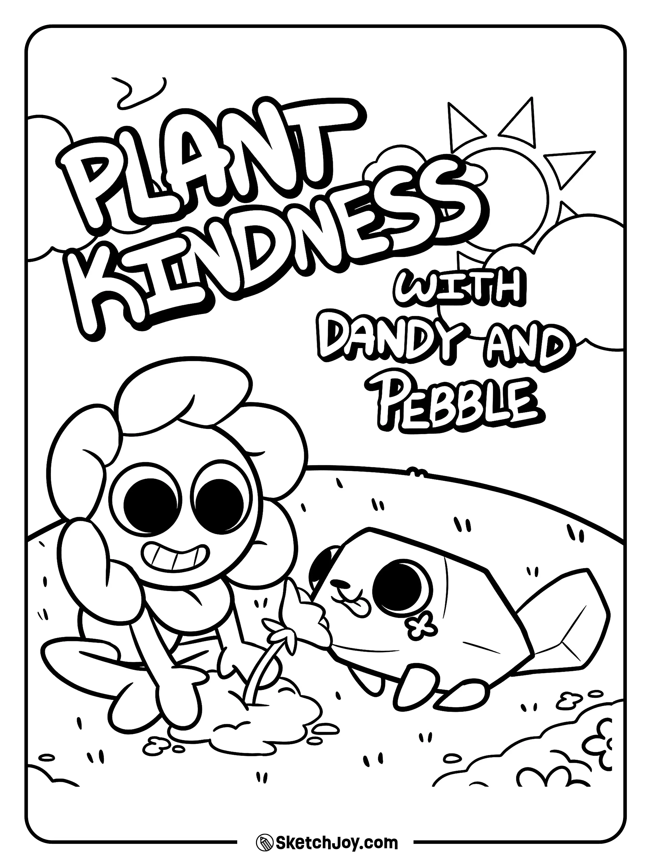 Dandy and Pebble plant a flower together in a sunny outdoor scene.