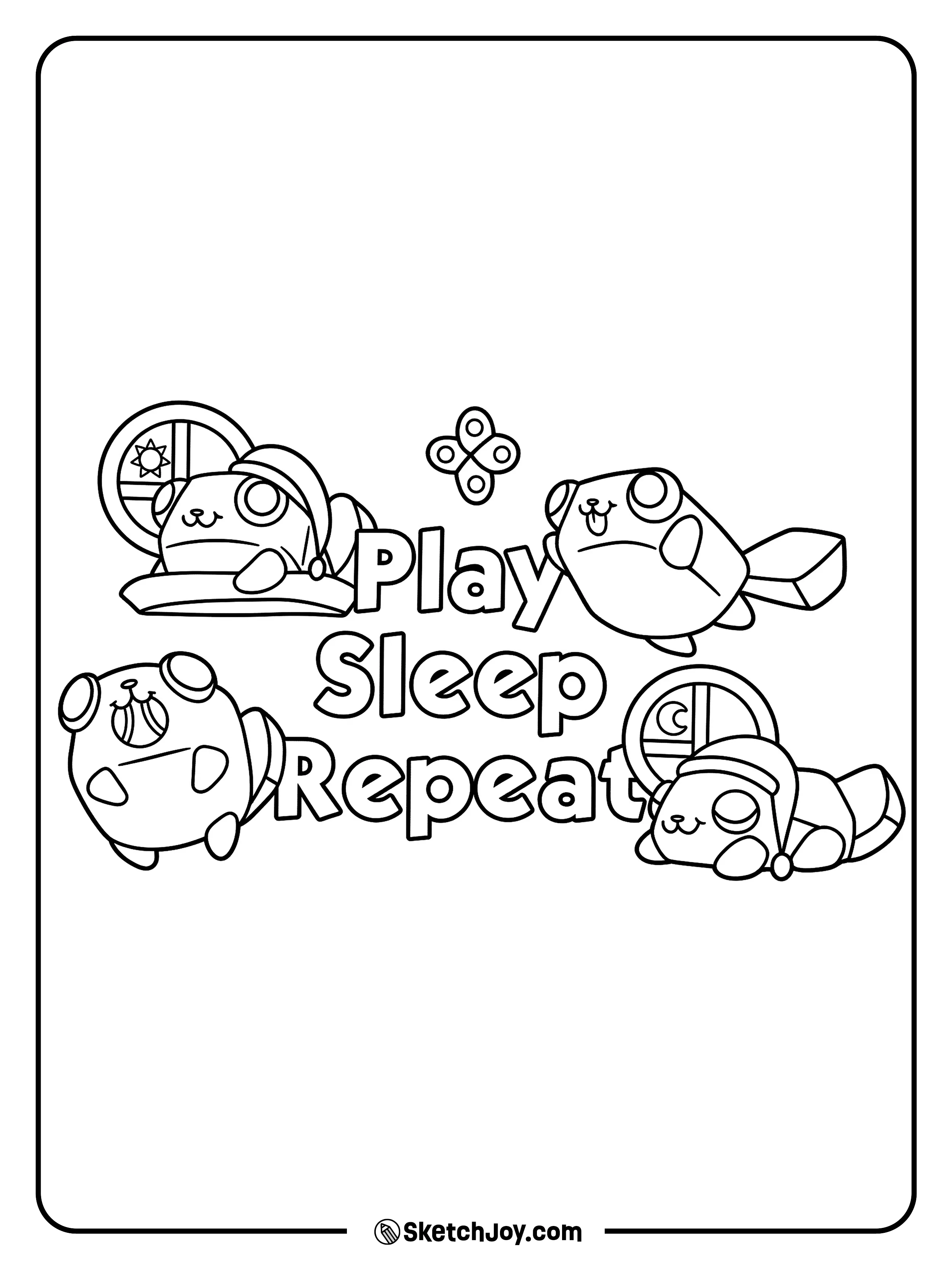 Pebble appears in four cute sleepy poses around the words Play Sleep Repeat.
