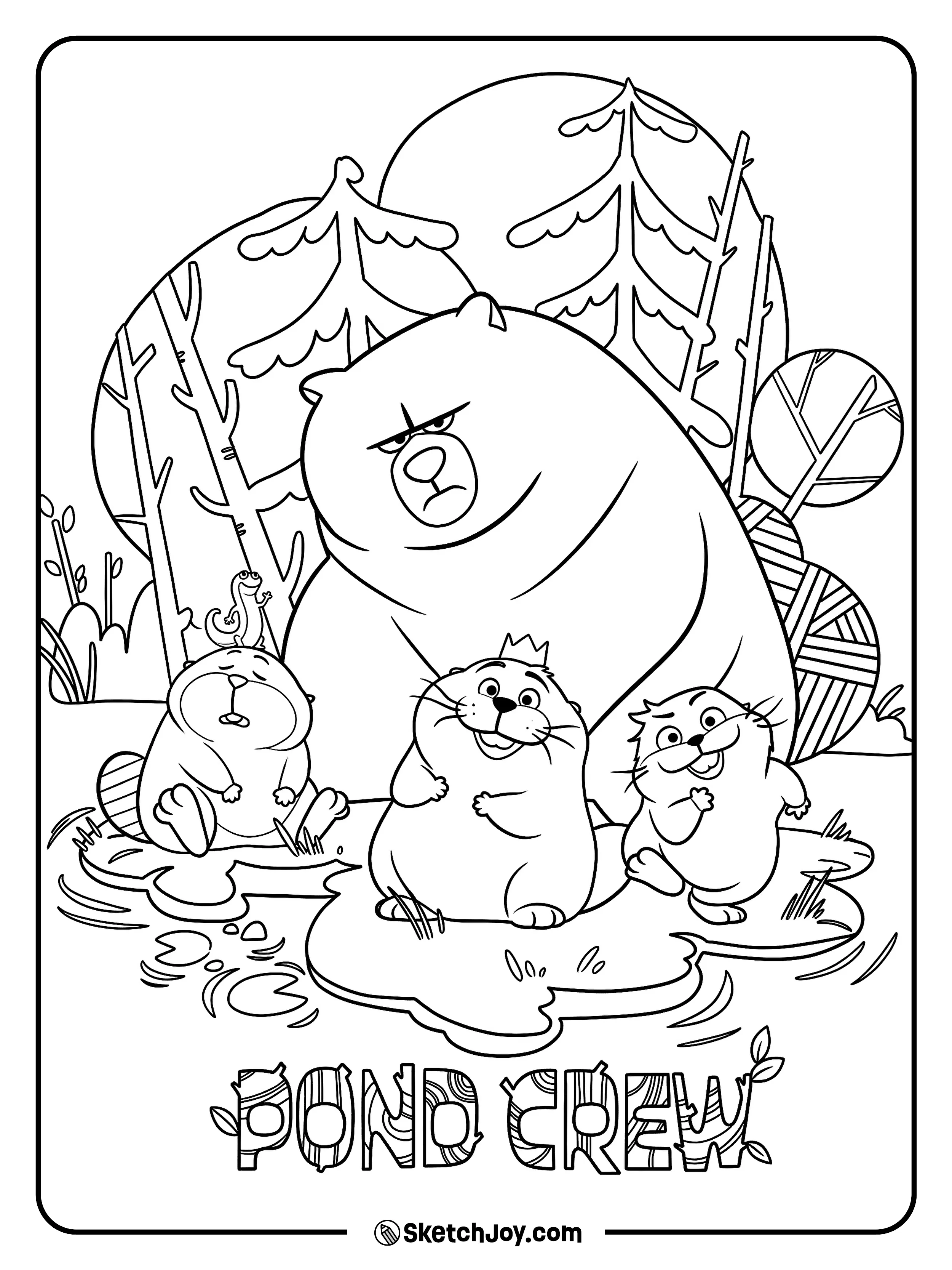 The pond crew stands together by the water.