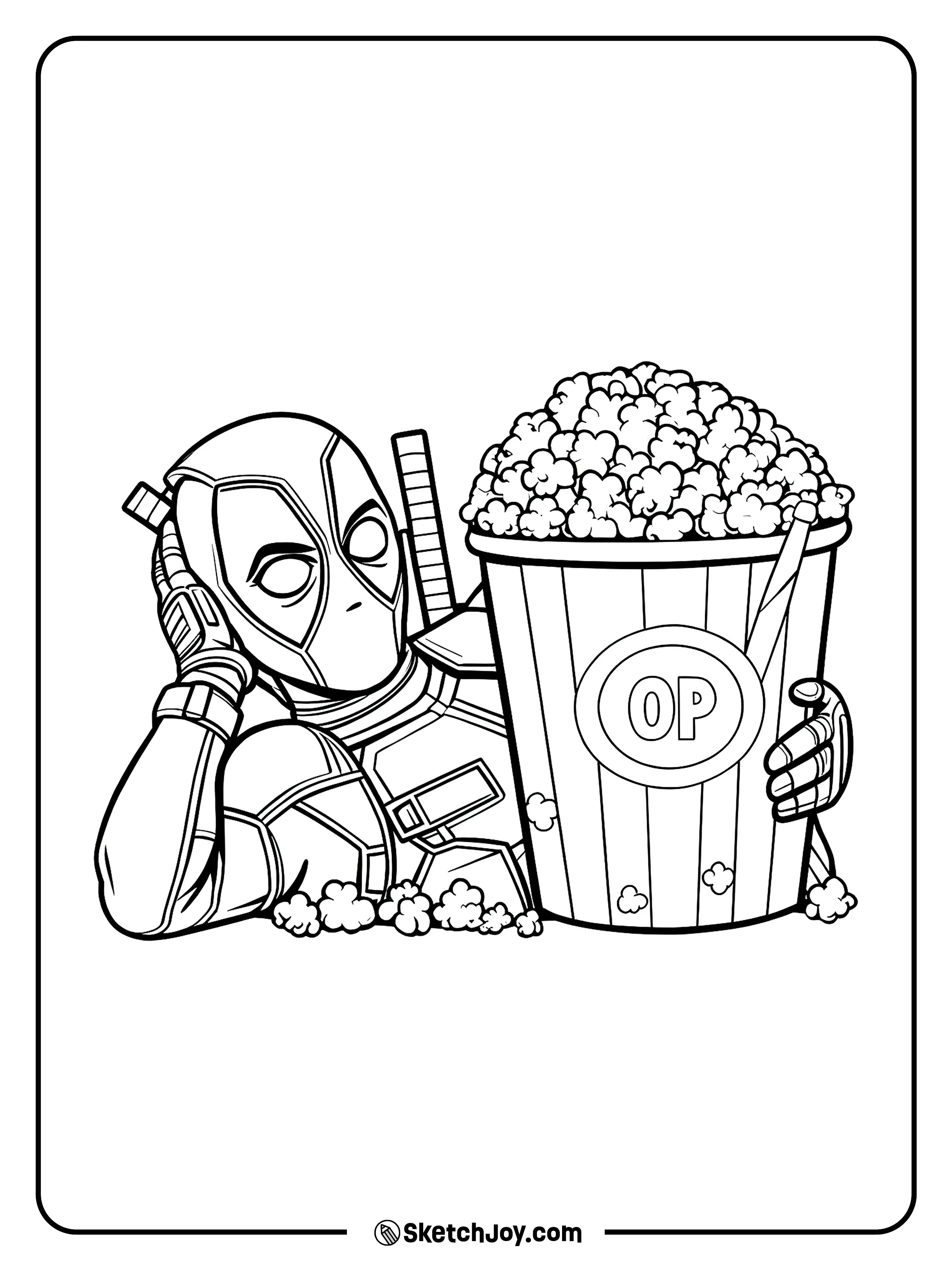 A funny snack scene with a huge popcorn bucket.