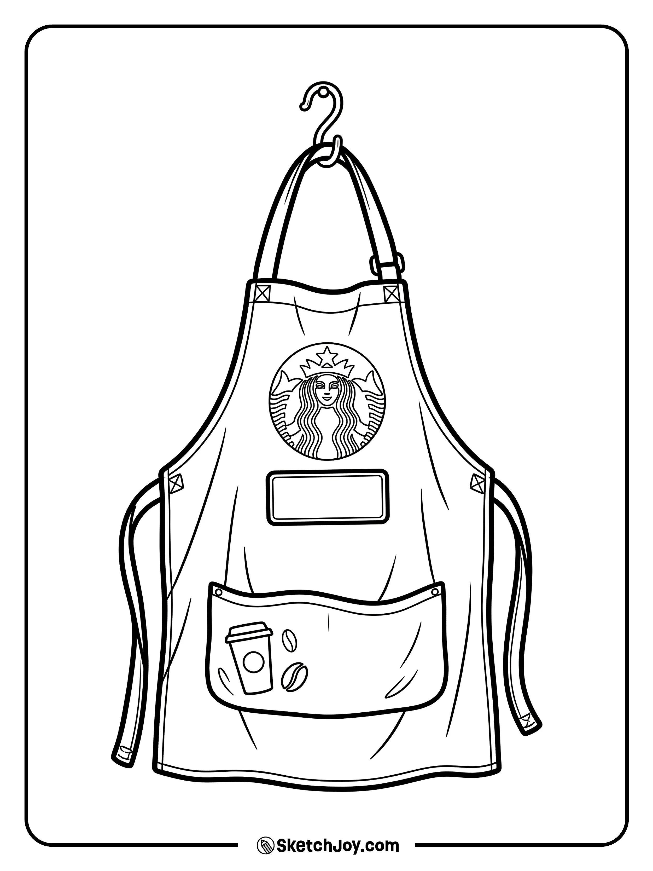 A green apron with a logo and a name tag.