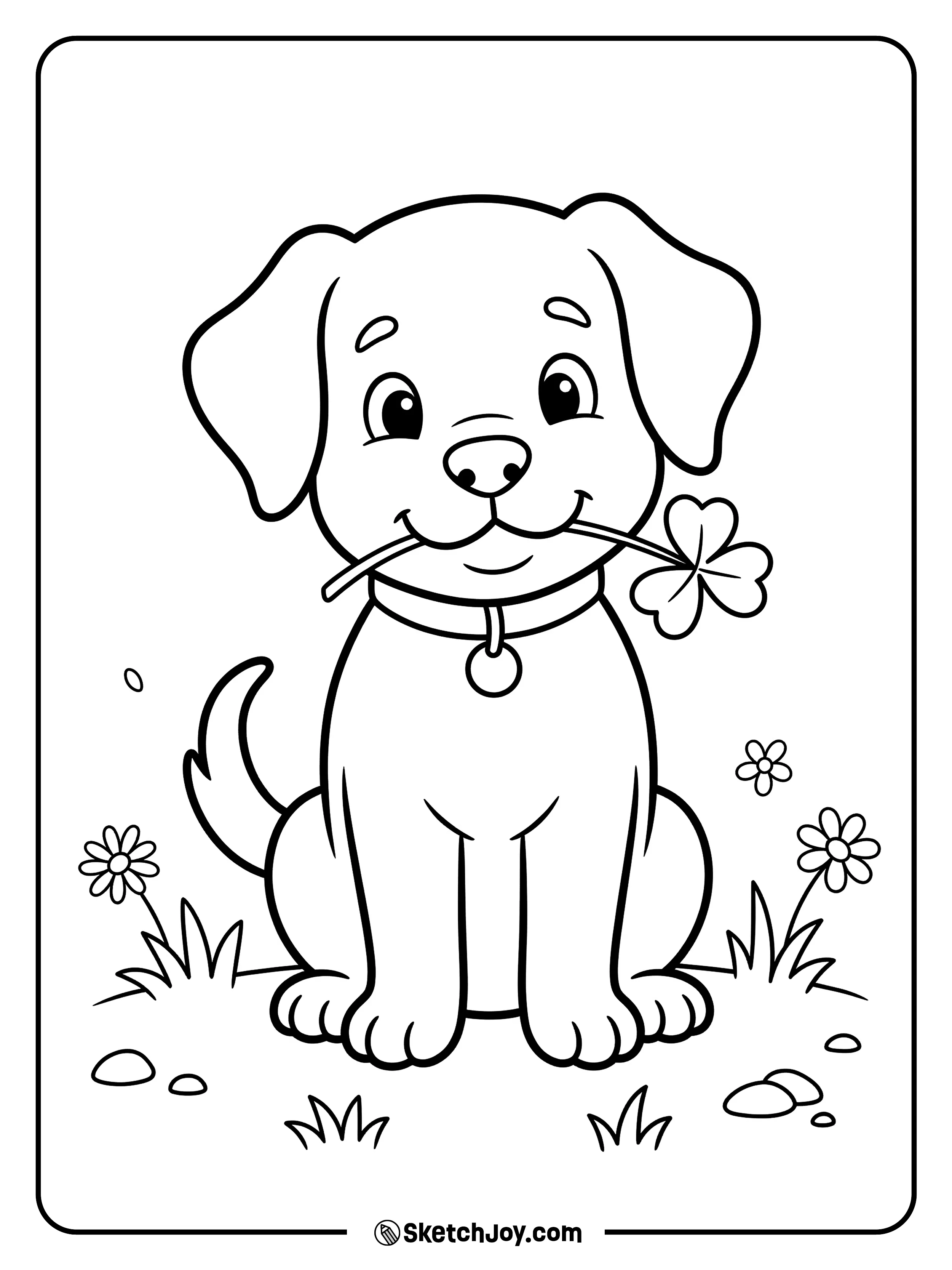 A cute puppy holding a lucky shamrock in its mouth.