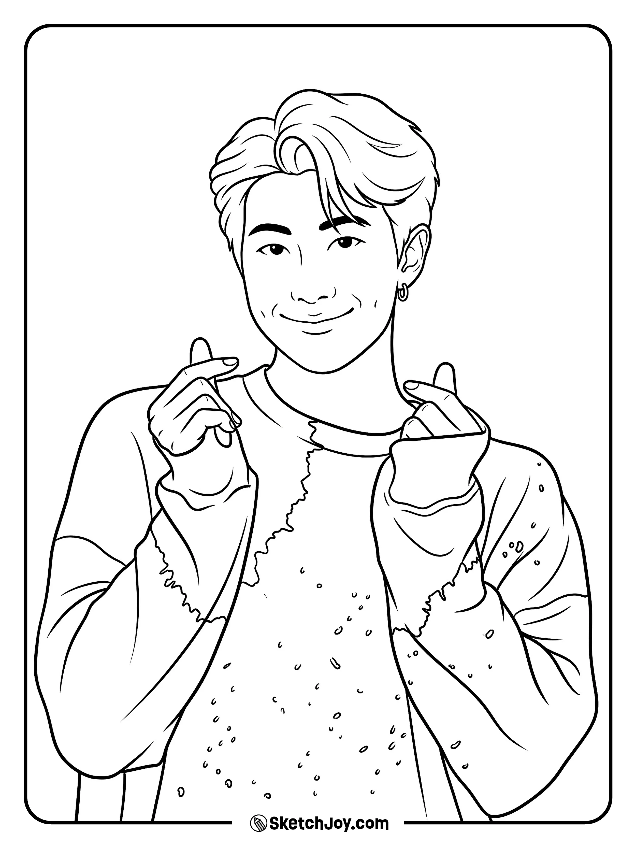 RM makes cute finger hearts with a warm smile and relaxed style.