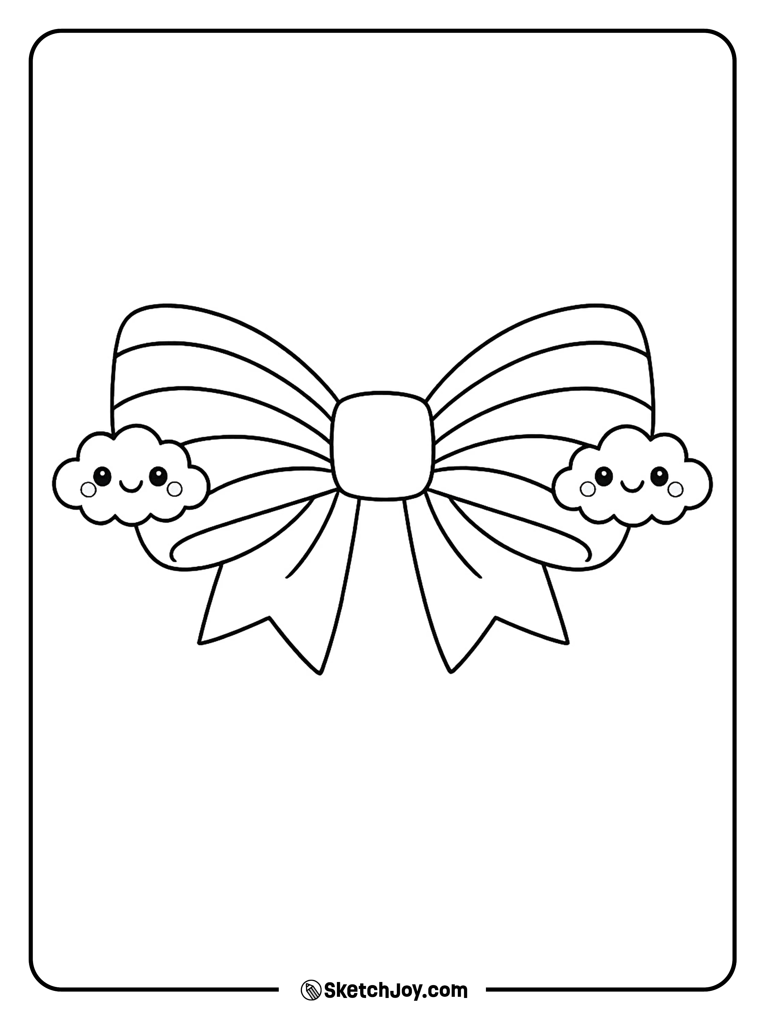 A fun bow with rainbow arcs and happy little clouds.