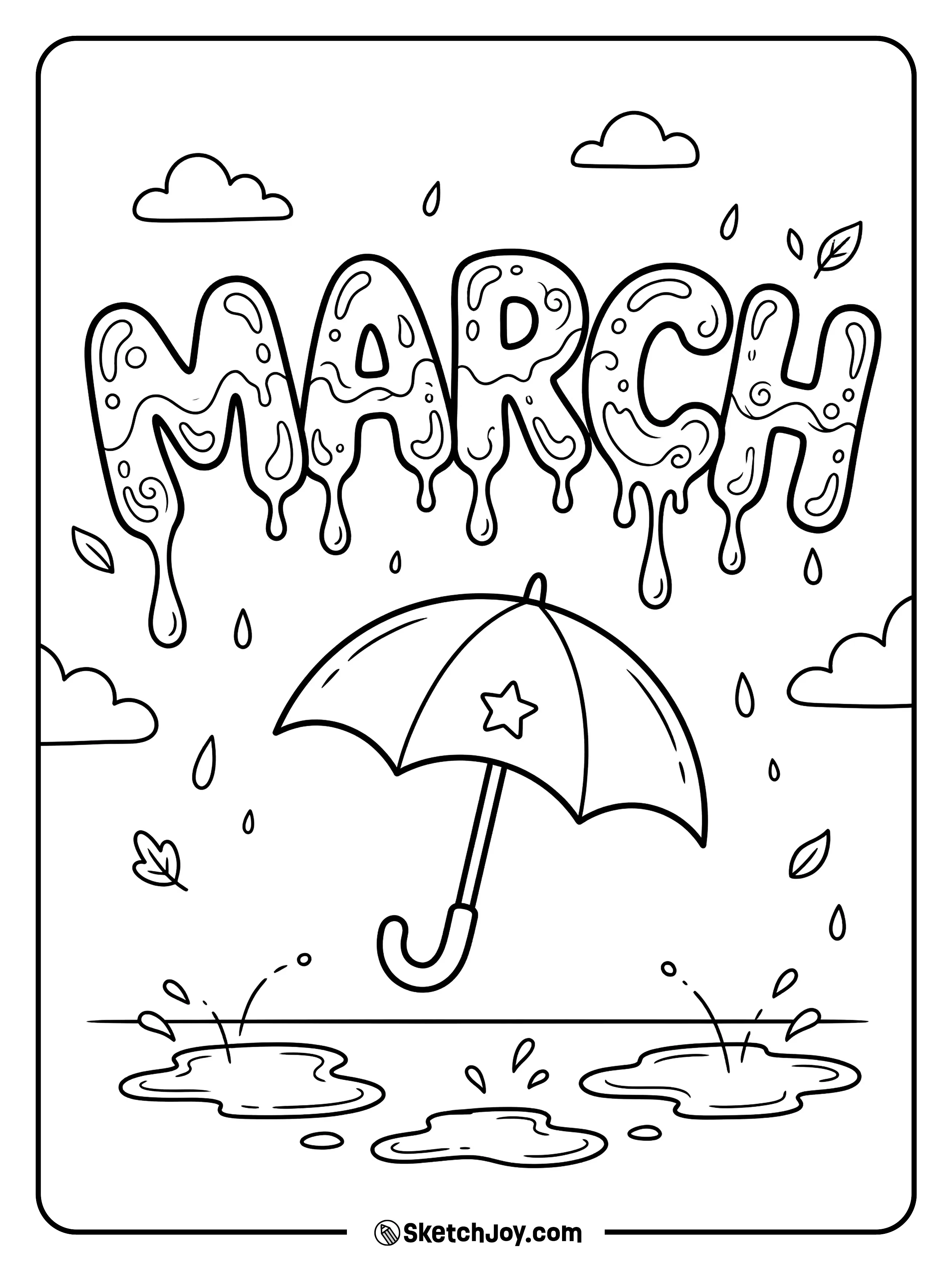 MARCH looks like dripping rain, with a cute umbrella and small puddles below.
