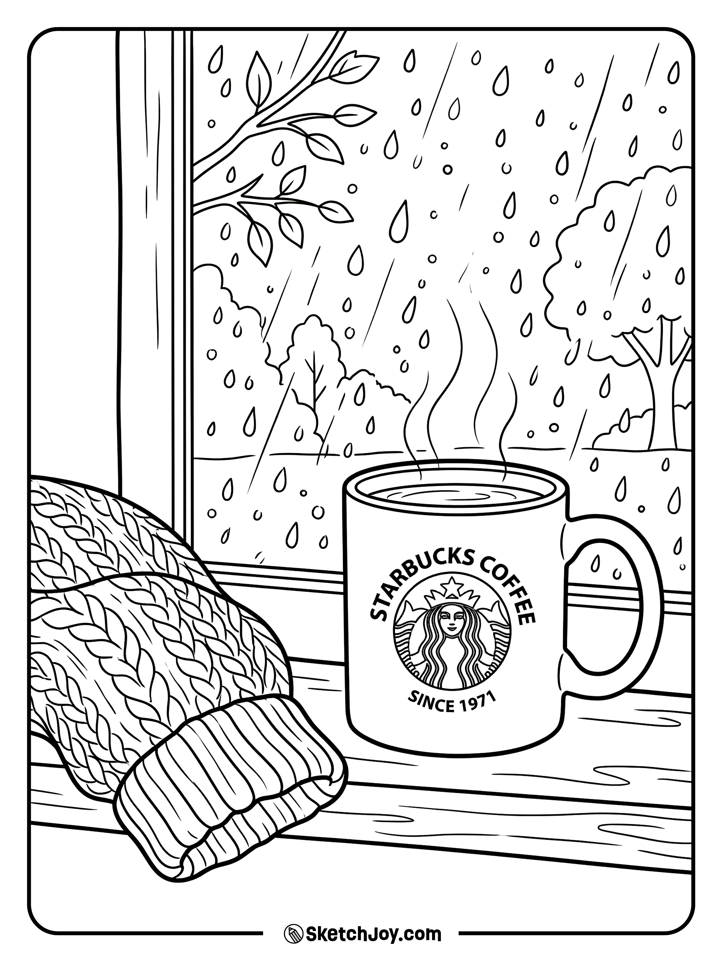 A cup of hot cocoa sitting by a window with raindrops.