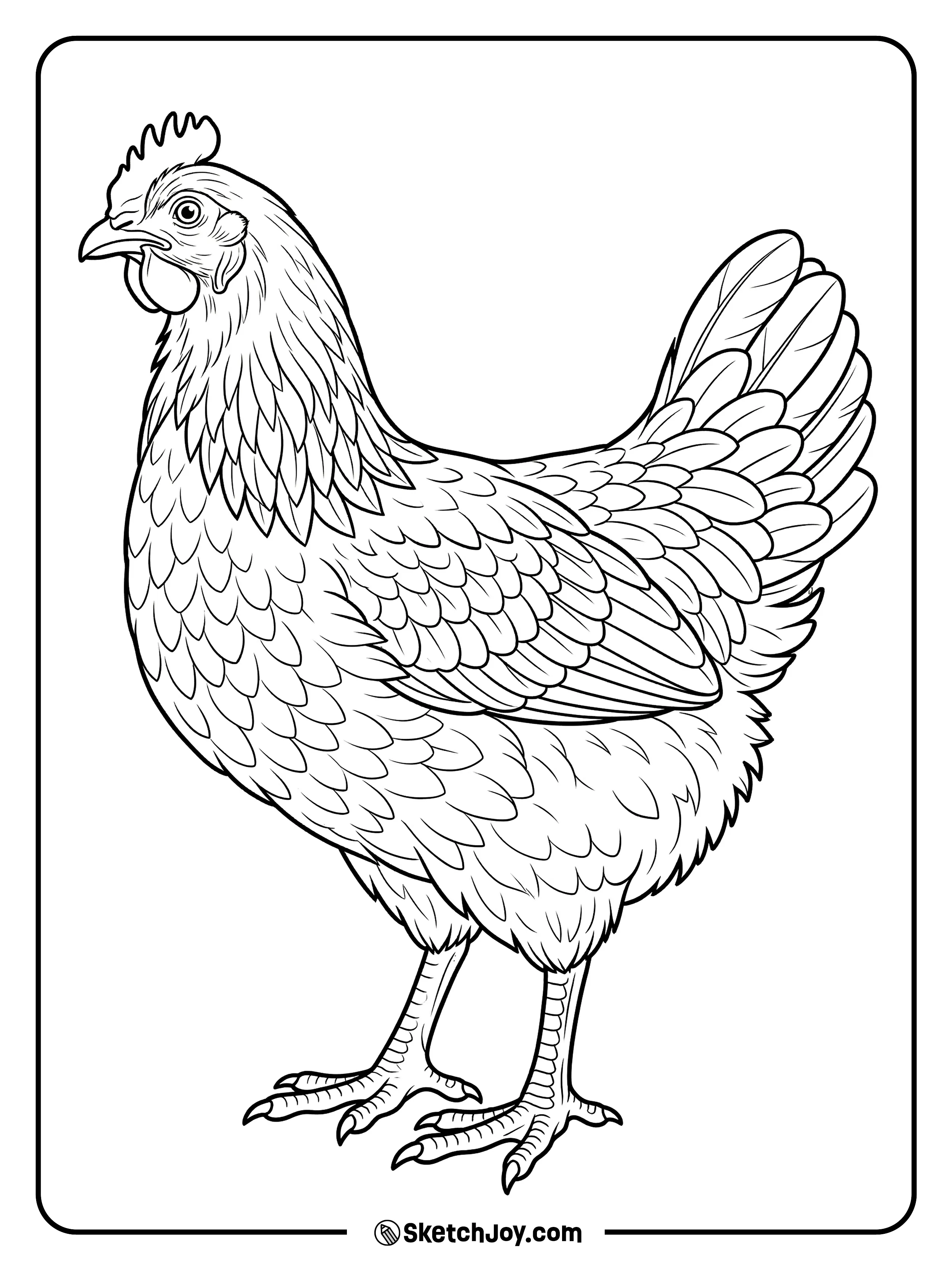 A detailed hen is shown from the side with neat feathers and a natural pose.