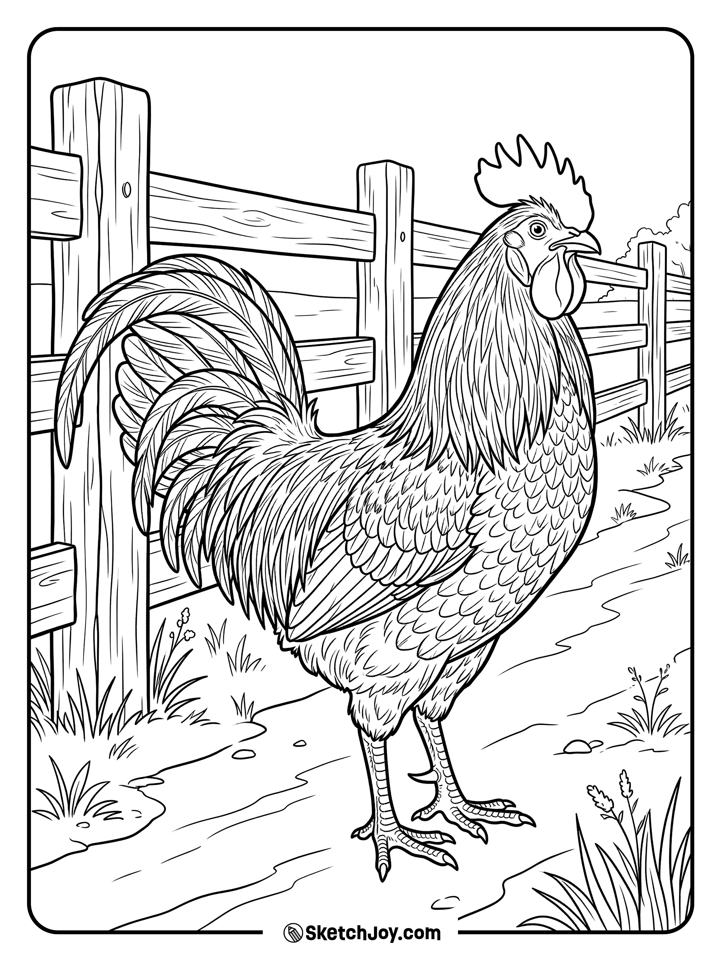 A detailed rooster stands in a farm yard with a sharp and natural look.