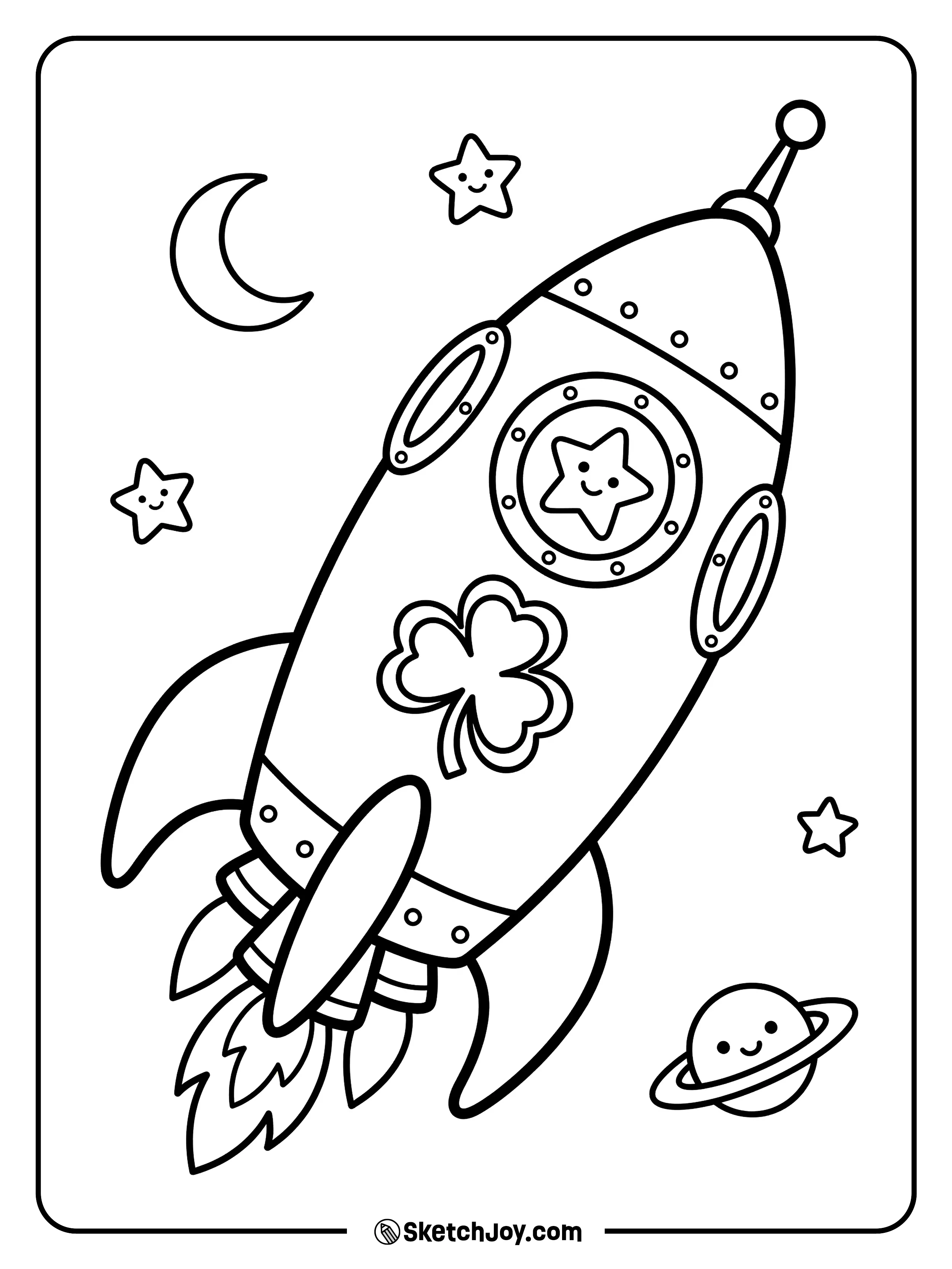 A cool space rocket with shamrock symbols flying toward the moon.