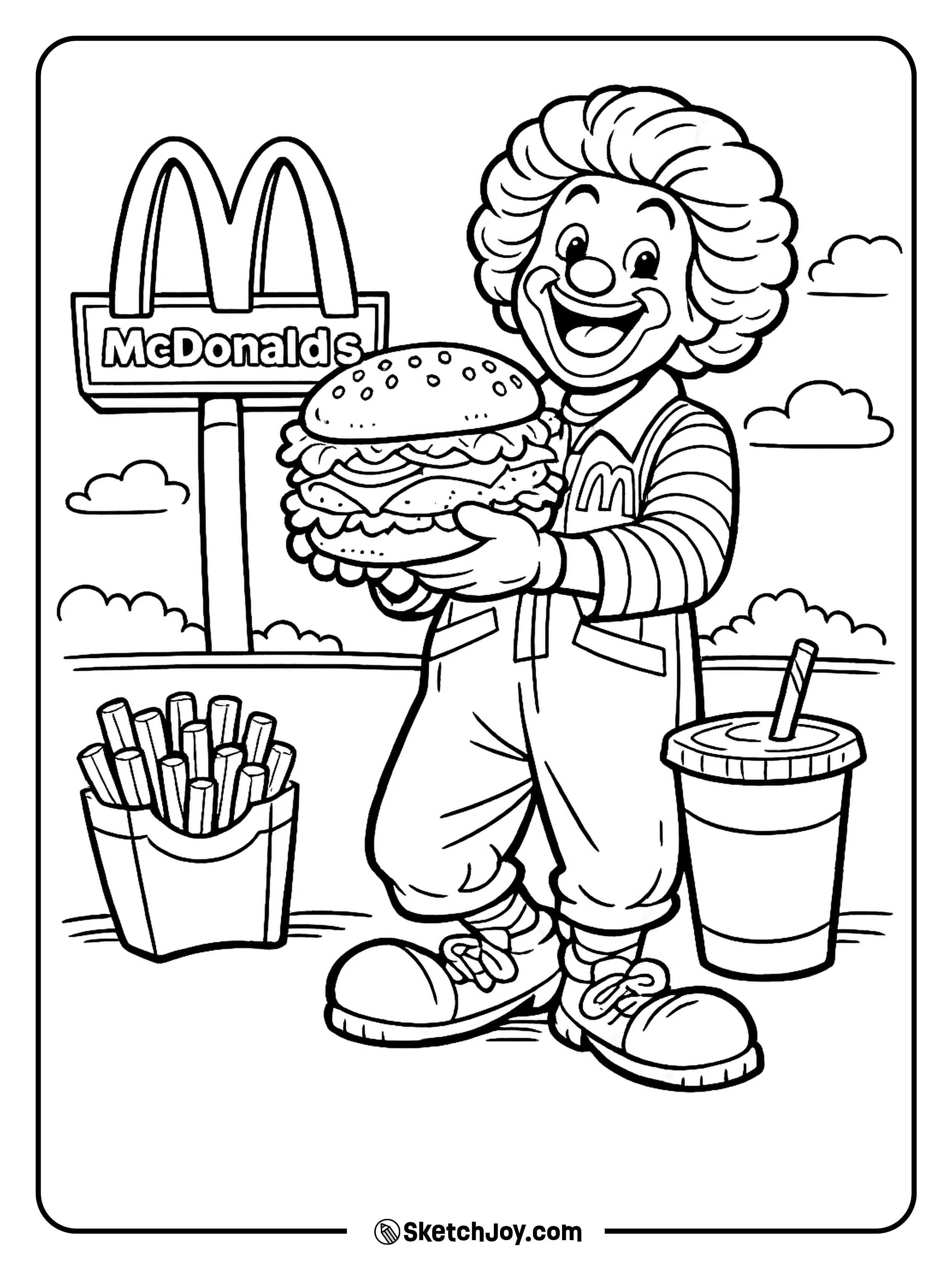 Ronald McDonald holds a big burger in a playful fast food scene.