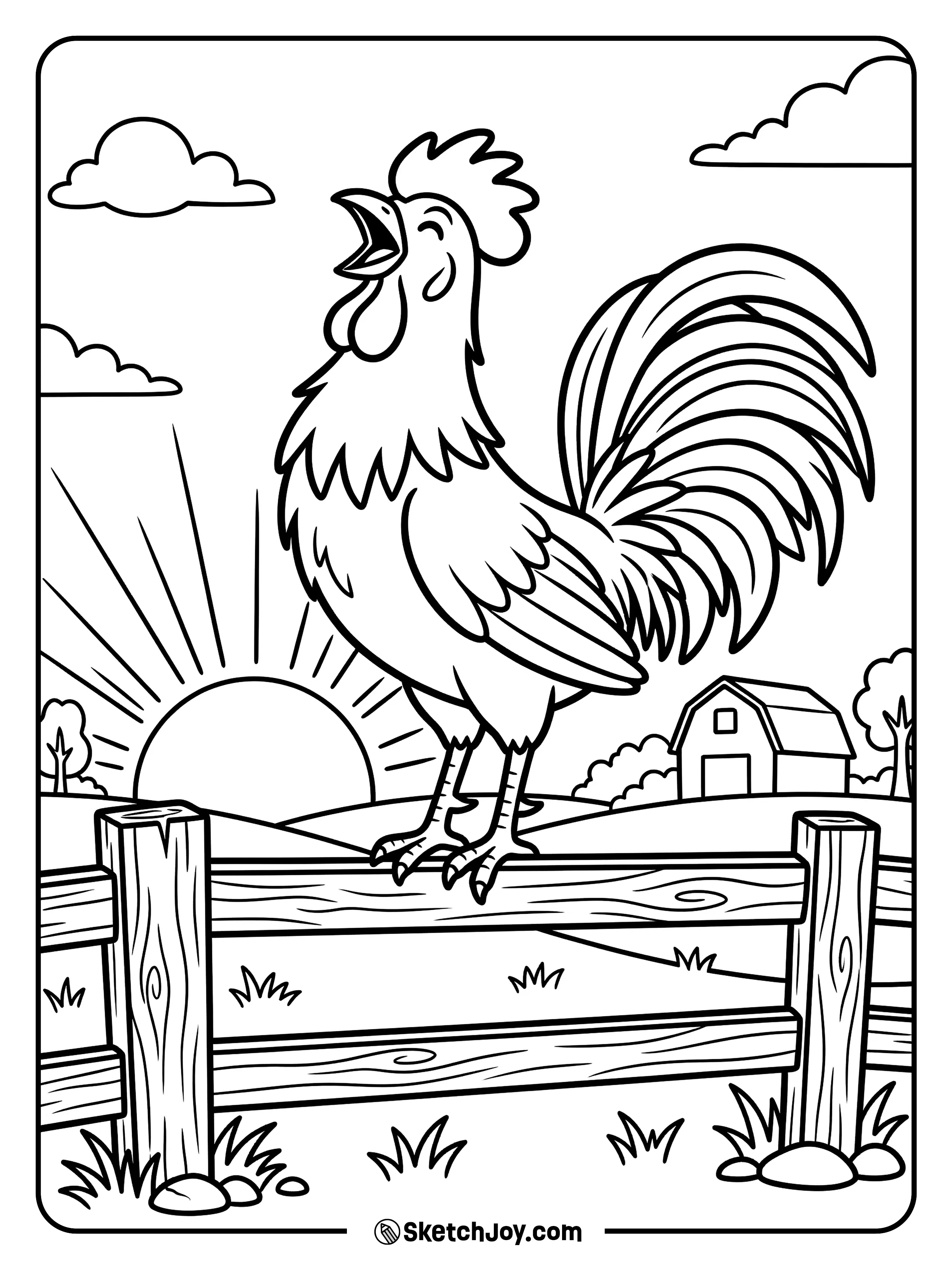 A rooster stands on a fence and crows as the sun rises behind the farm.