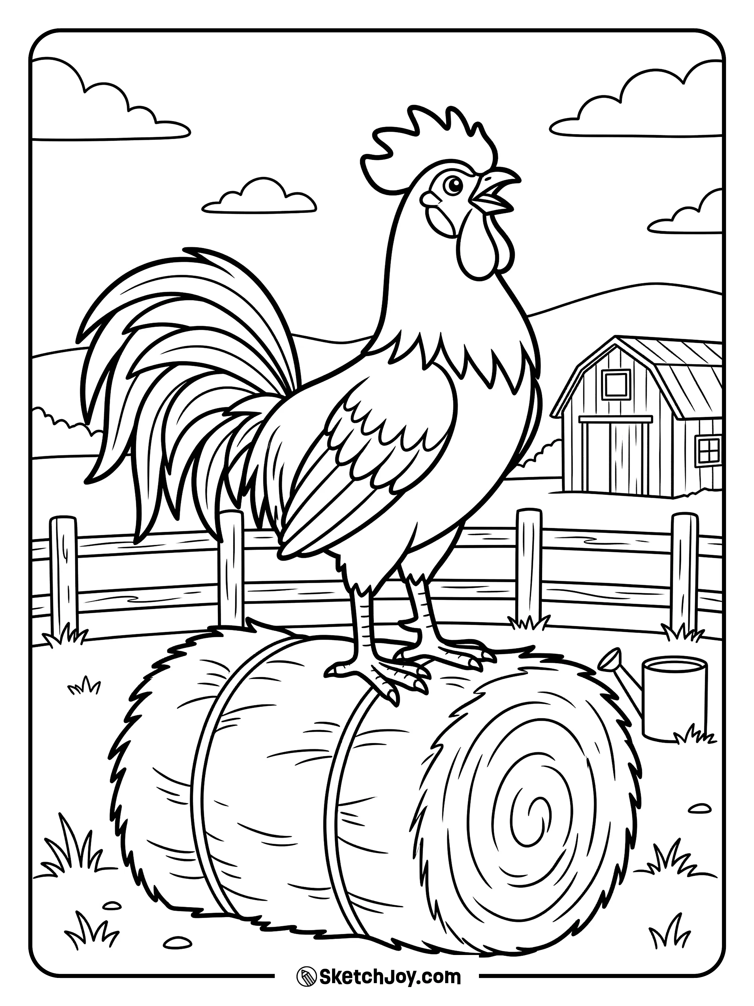 A proud rooster stands on a hay bale like the boss of the farm.